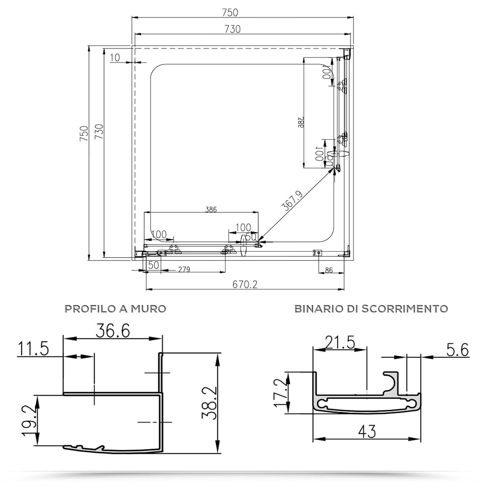 Box 3 lati 75x75x75 cm doppio scorrevole vetro temperato 6mm stampato 185h - Young