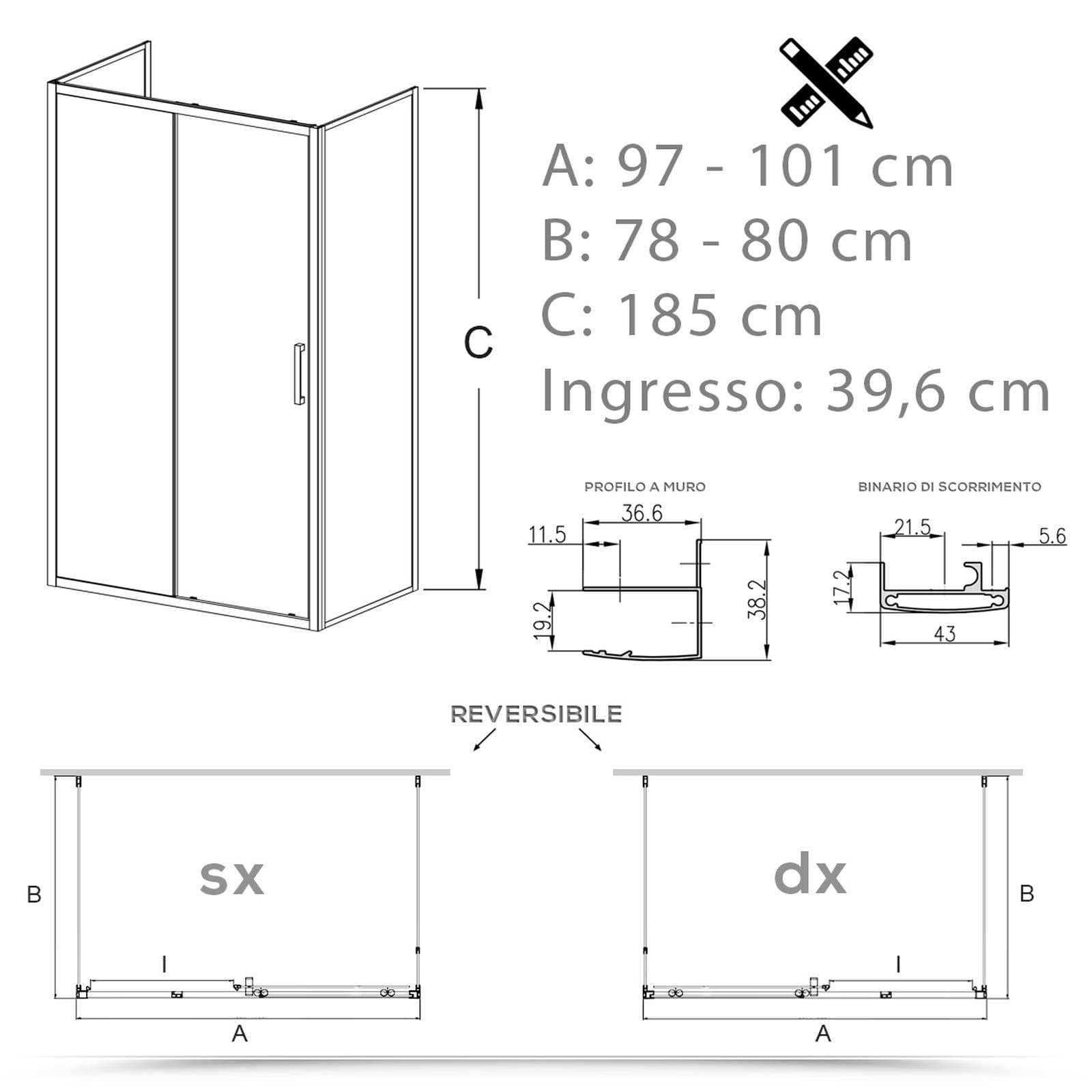 Box 3 lati 80x100x80 cm scorrevole vetro temperato 6mm stampato 185h - Young