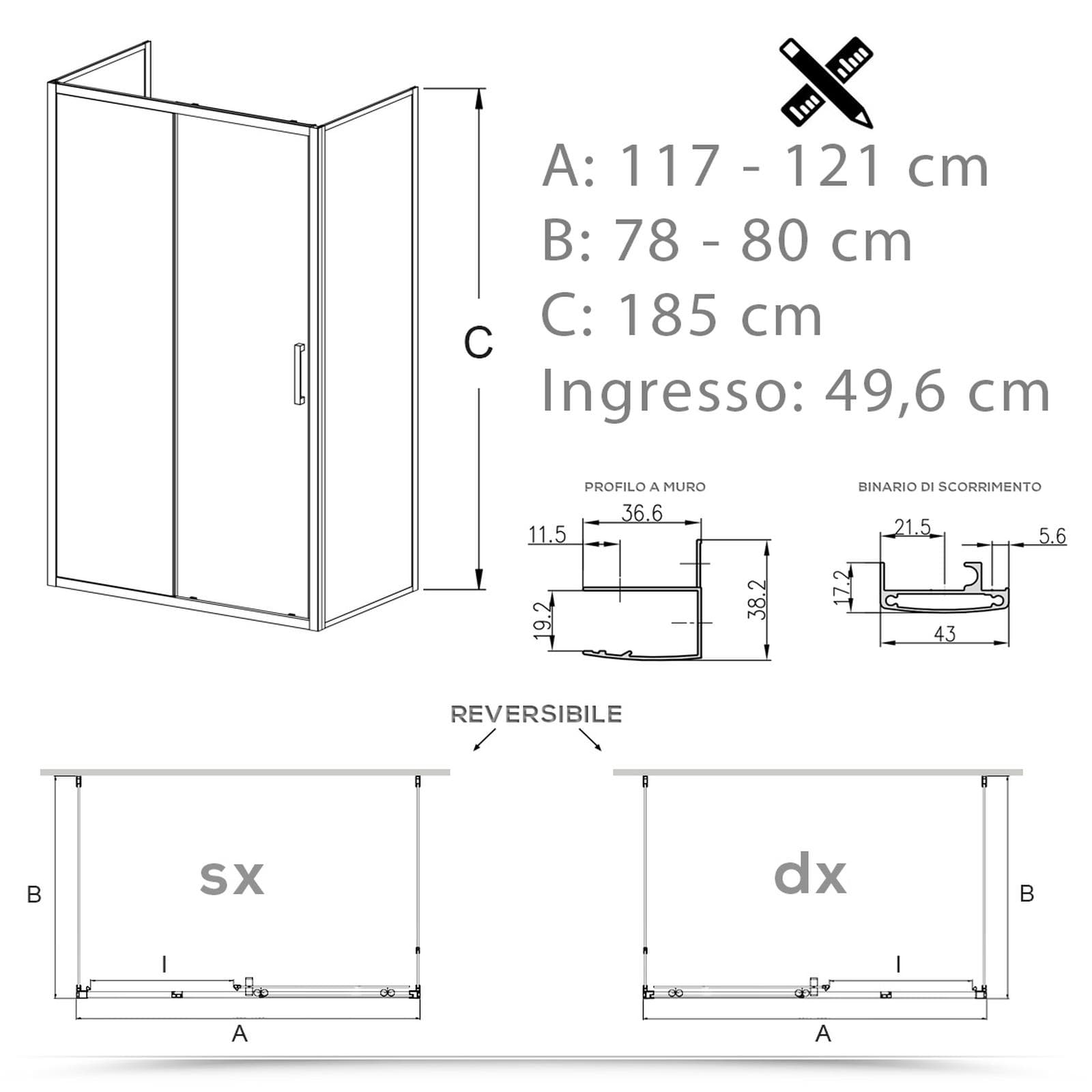Box 3 lati 80x120x80 cm scorrevole vetro temperato 6mm stampato 185h - Young