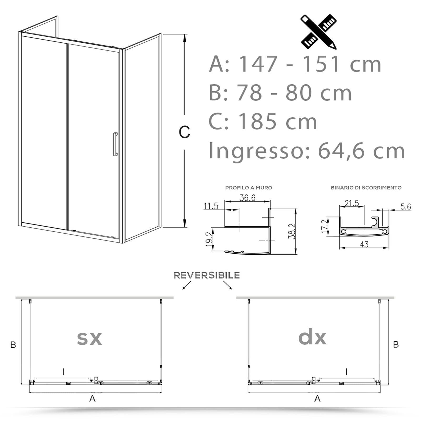 Box 3 lati 80x150x80 cm scorrevole vetro temperato 6mm stampato 185h - Young
