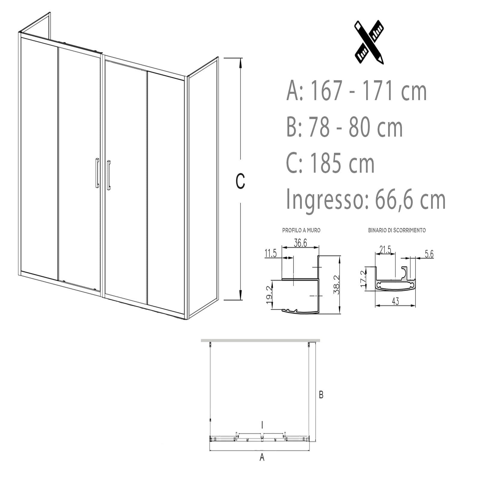 Box 3 lati 80x170x80 cm doppio scorrevole vetro temperato 6mm stampato 185h - Young