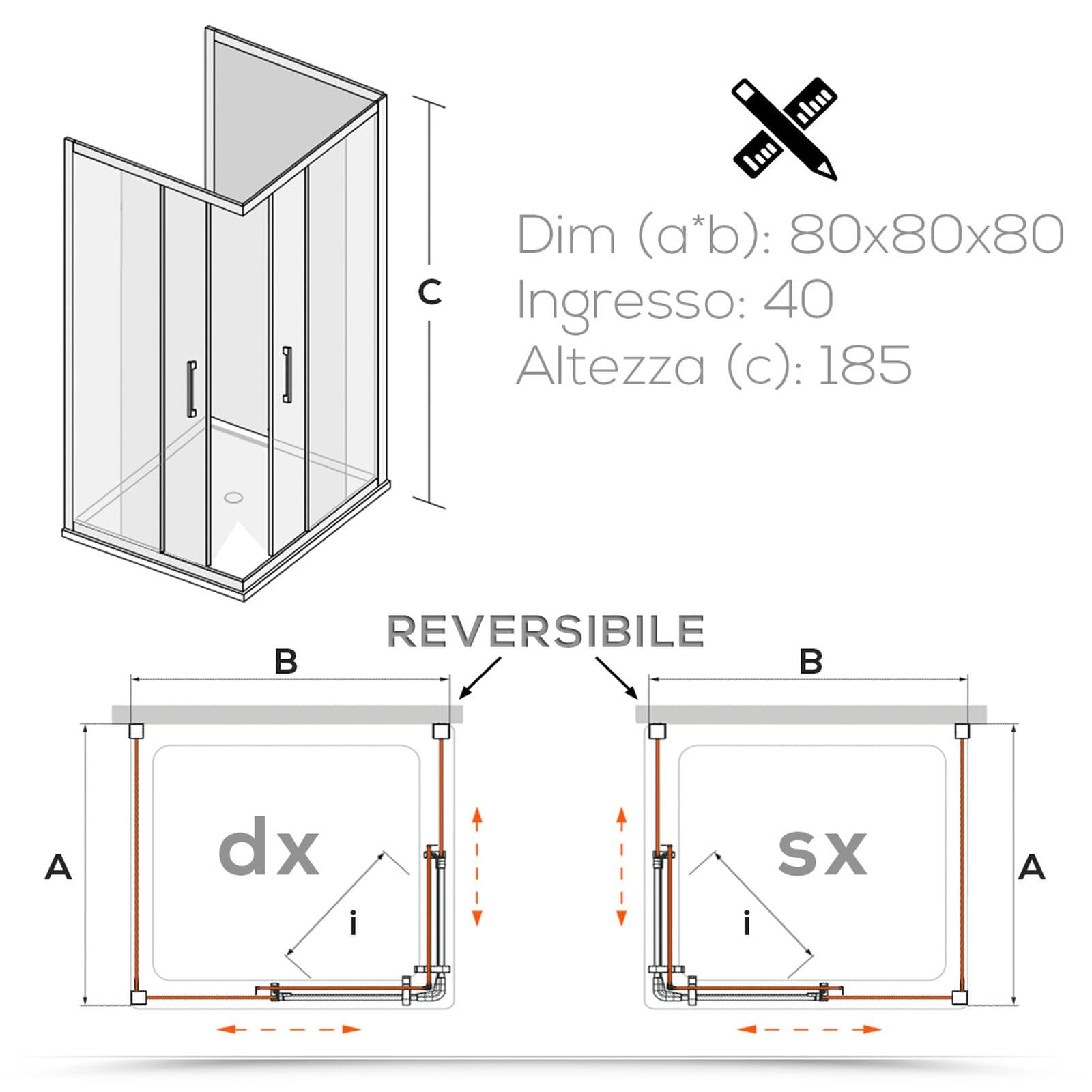 Box 3 lati 80x80x80 cm doppio scorrevole vetro temperato 6mm trasparente 185h - Young