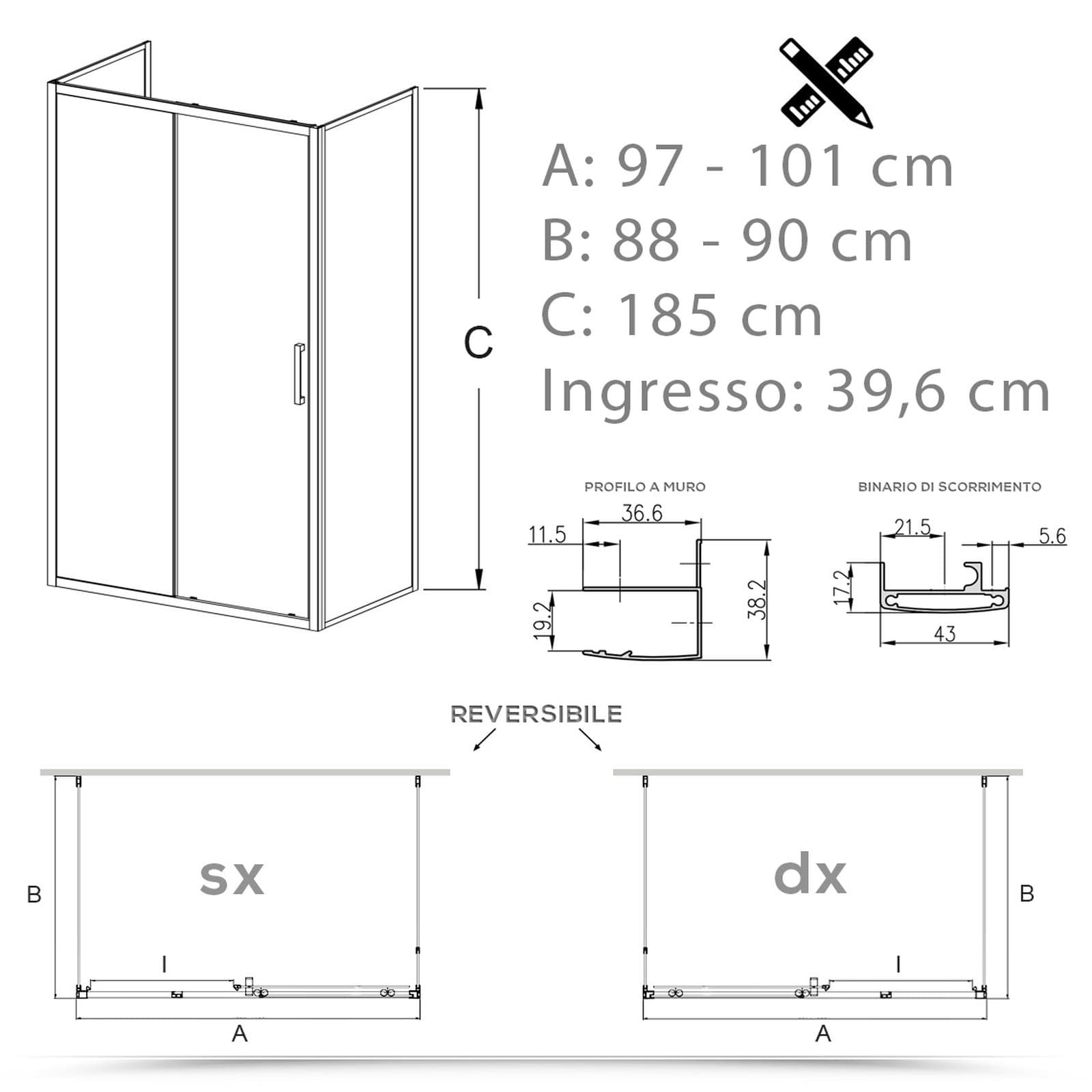 Box 3 lati 90x100x90 cm scorrevole vetro temperato 6mm stampato 185h - Young
