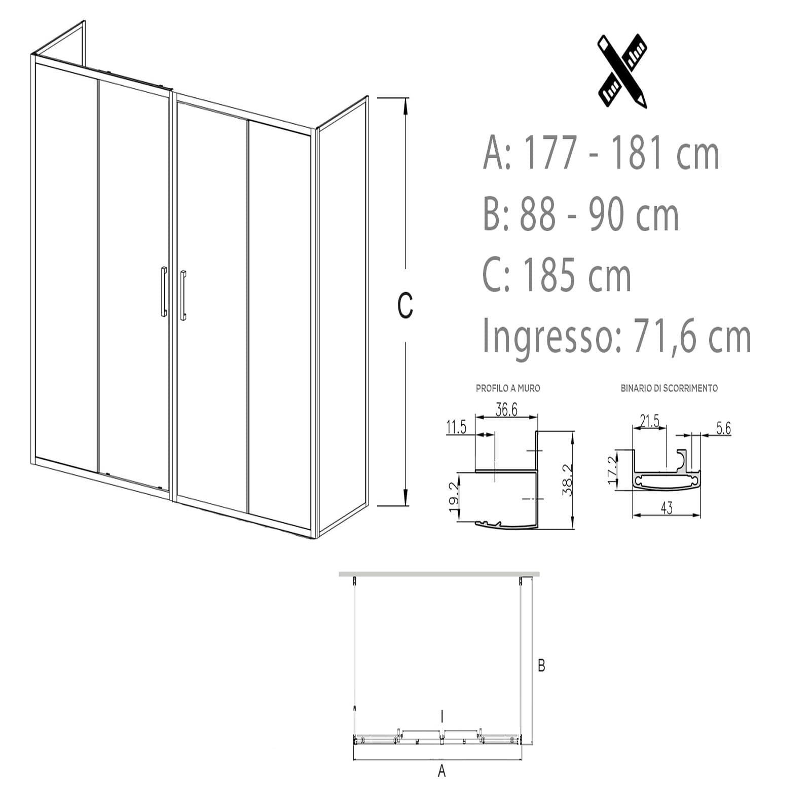 Box 3 lati 90x180x90 cm doppio scorrevole vetro temperato 6mm trasparente 185h - Young