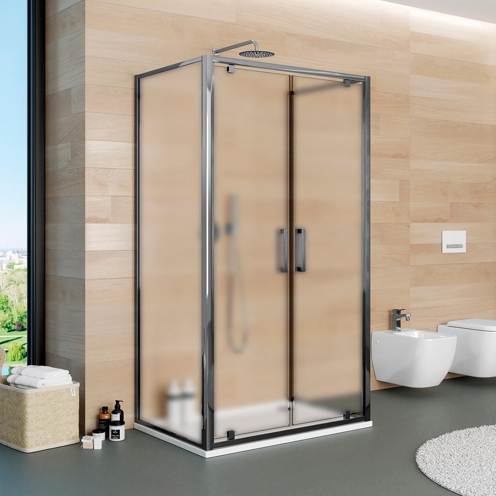 Box 3 lati 90x90x90 cm doppio battente vetro opaco profilo cromo 195h - Moritz