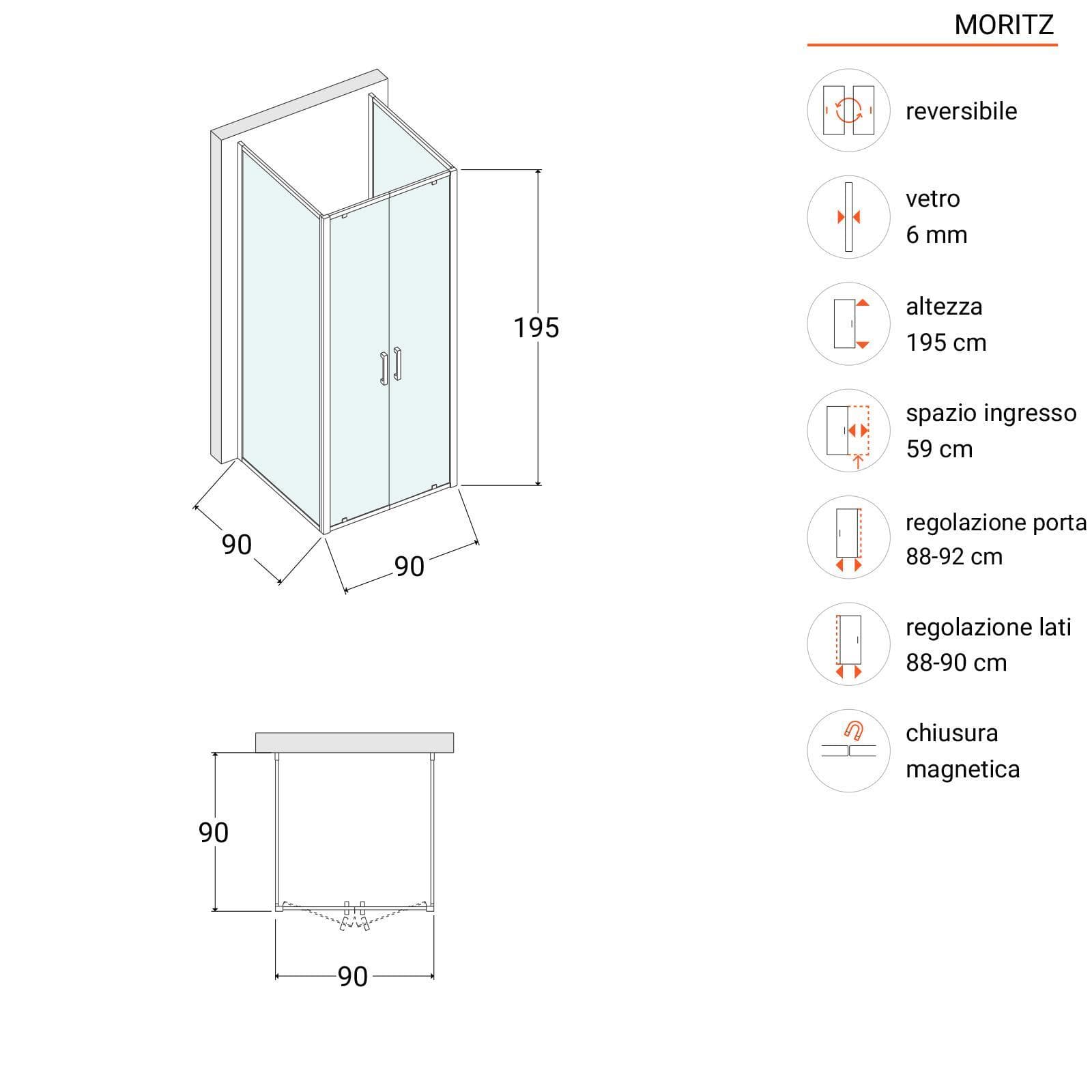 Box 3 lati 90x90x90 cm doppio battente vetro trasparente anticalcare profilo cromo 195h - Moritz