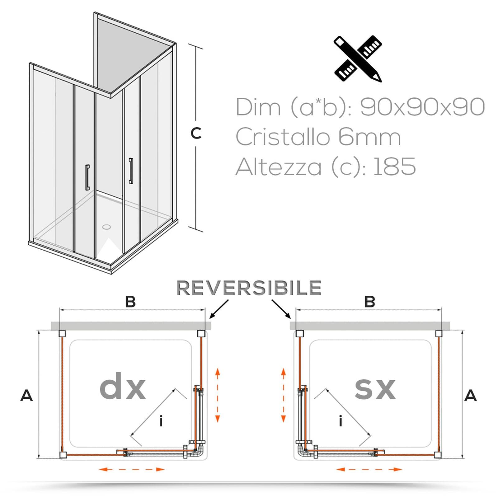 Box 3 lati 90x90x90 cm doppio scorrevole vetro temperato 6mm stampato 185h - Young