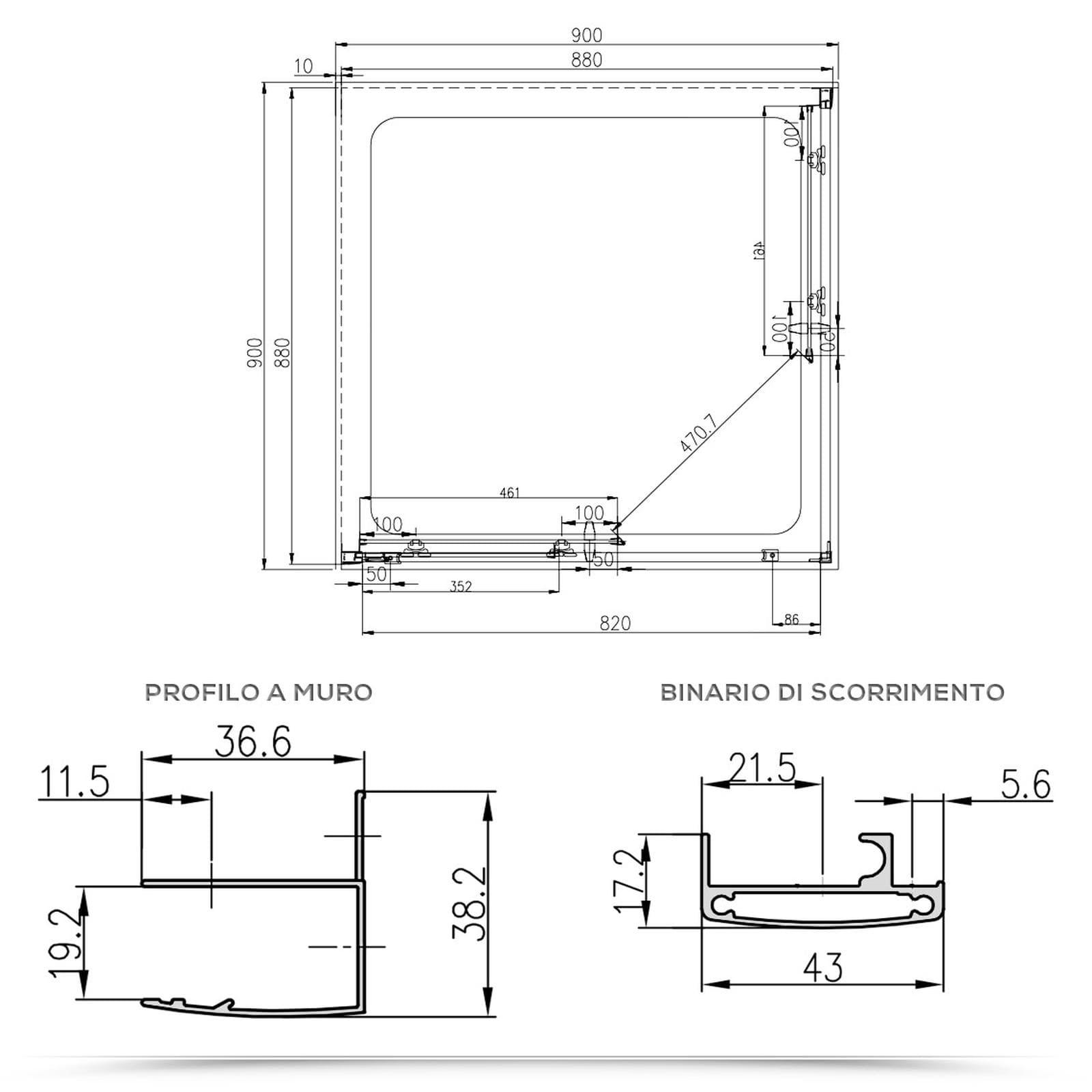 Box 3 lati 90x90x90 cm doppio scorrevole vetro temperato 6mm stampato 185h - Young