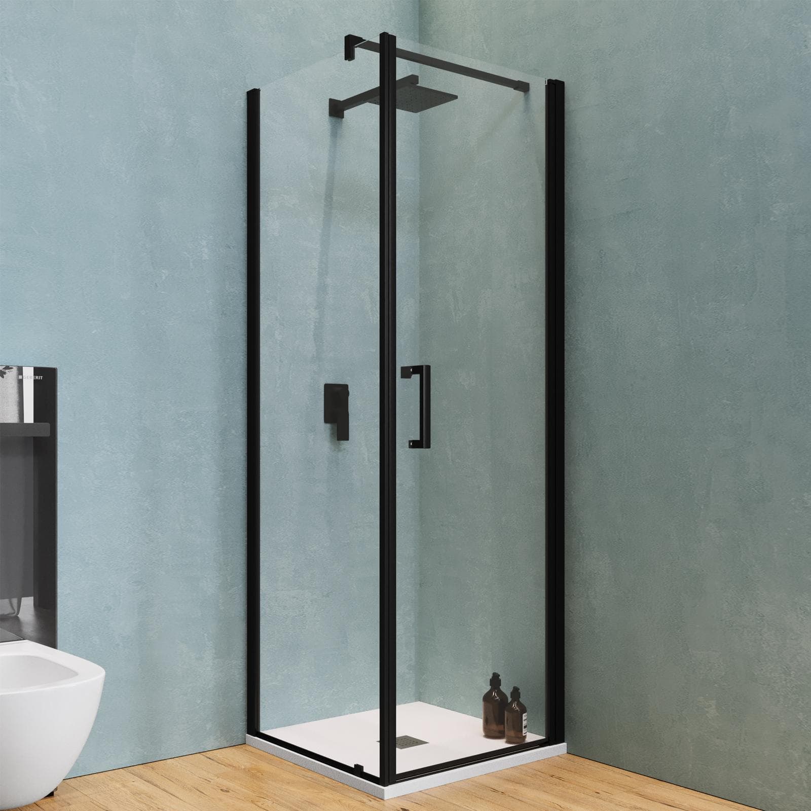 Box doccia 70X70 cm battente con vetro anticalcare trasparente e profilo nero opaco 200h - Artego