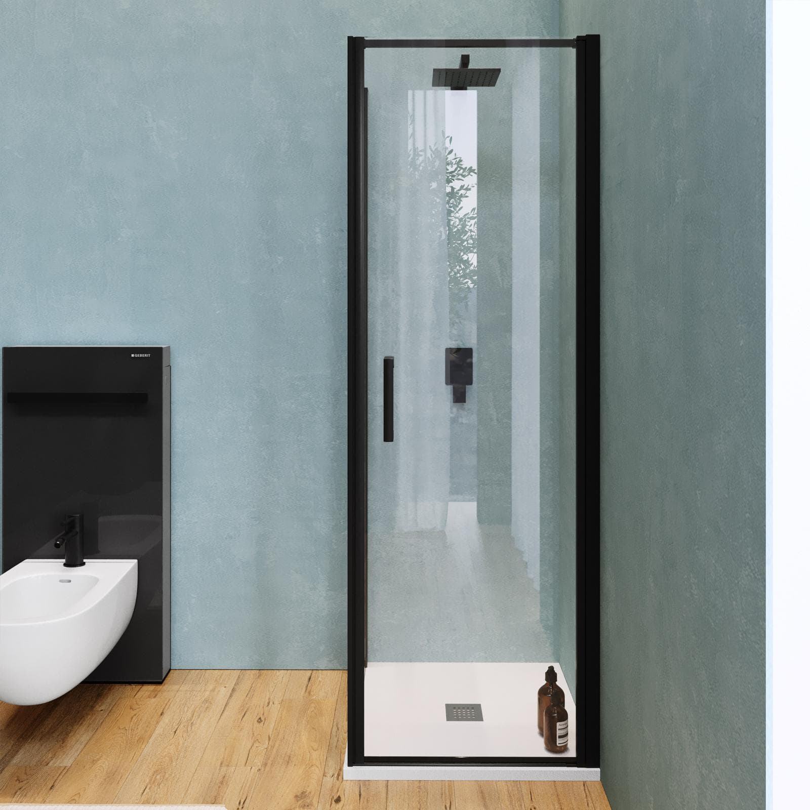 Box doccia 70X70 cm battente con vetro anticalcare trasparente e profilo nero opaco 200h - Artego
