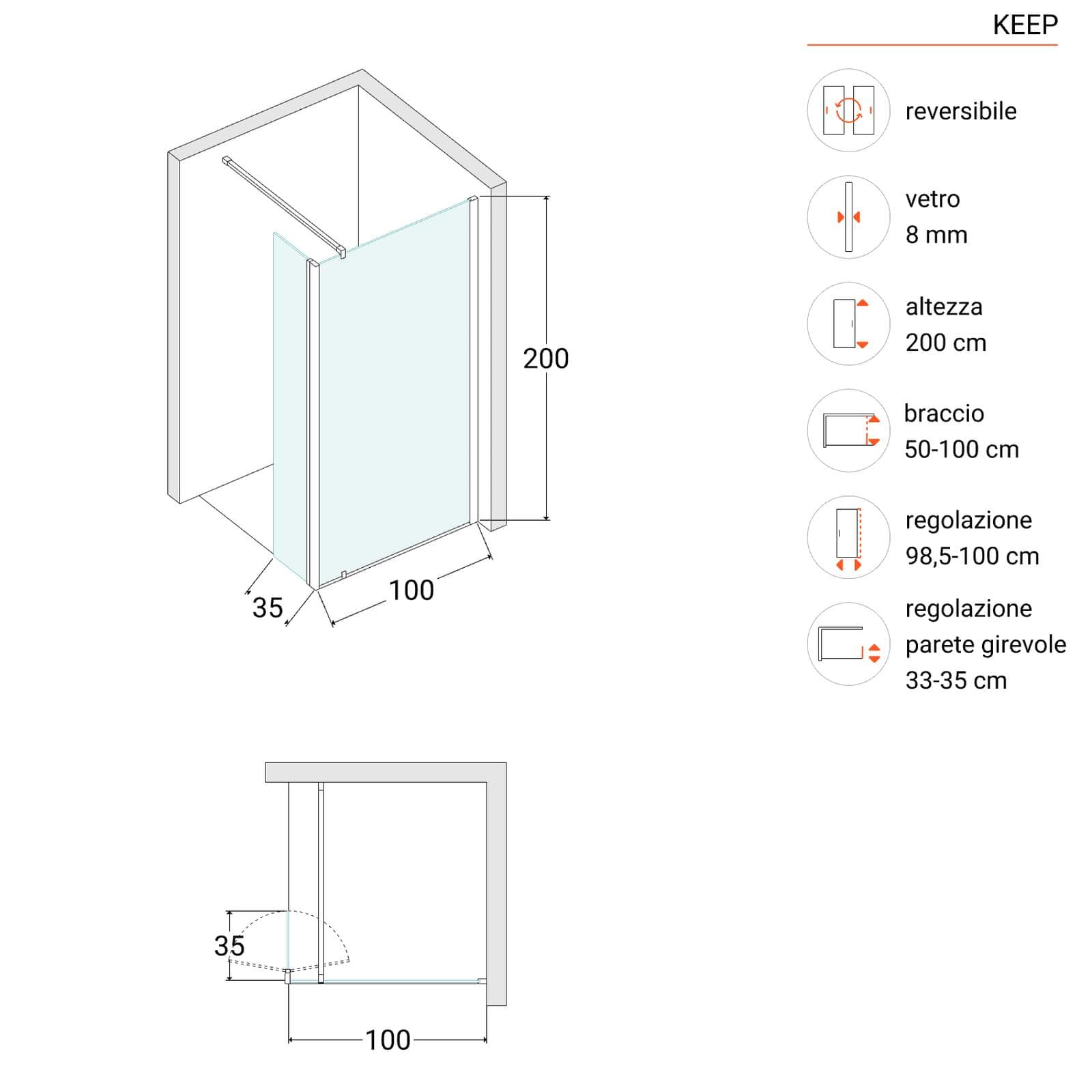 Box doccia walk-in 100 cm + anta girevole 35 cm vetro anticalcare trasparente 8mm e profilo cromo 200h - Keep