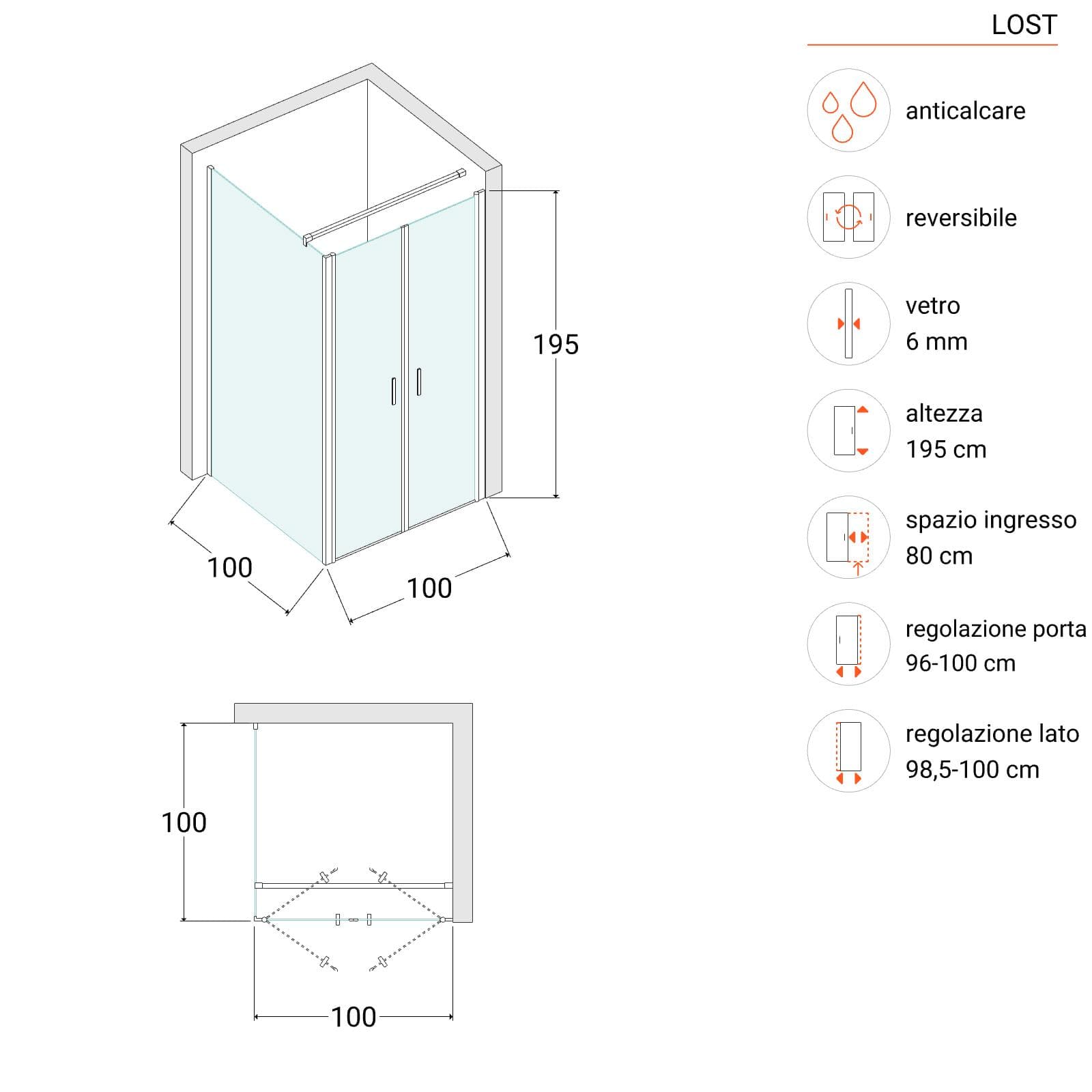 Box doccia 100x100 apertura saloon con vetro anticalcare opaco e profilo cromo 195h - Lost