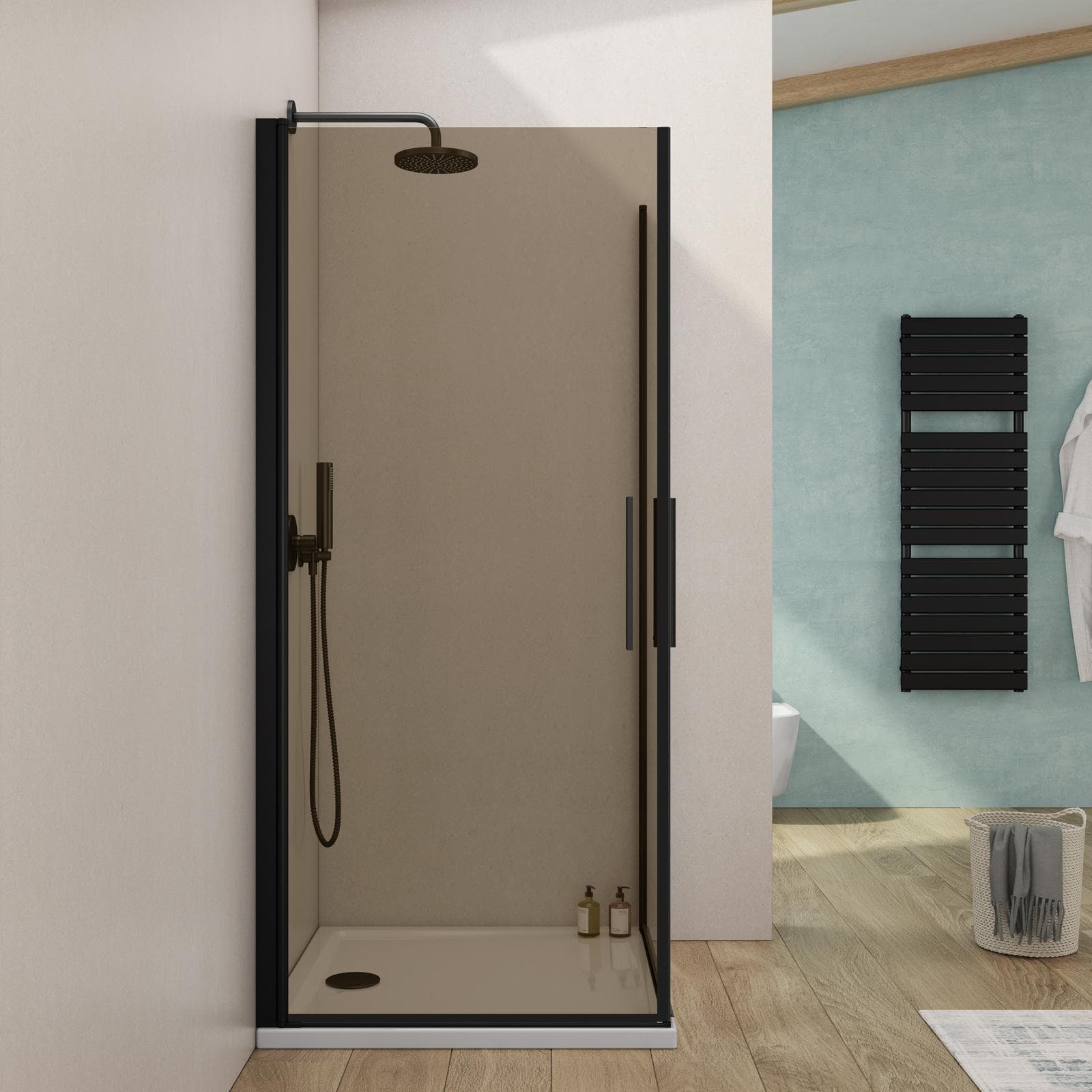 Box doccia 100x100 cm doppio battente con vetro temperato bronzato e profilo nero 195h - Nilo
