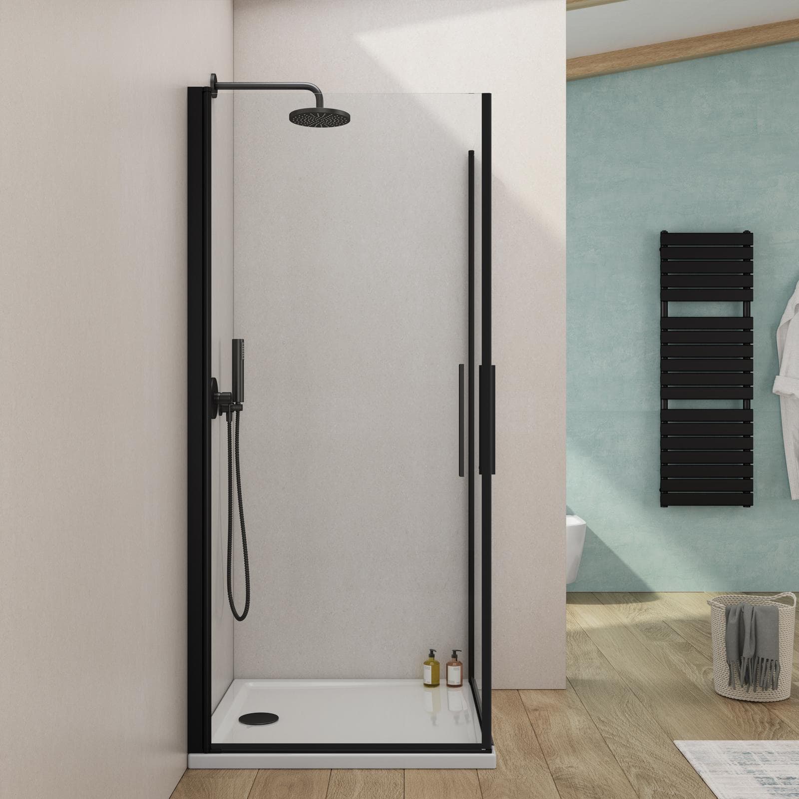 Box doccia 100x100 cm doppio battente con vetro temperato trasparente e profilo nero opaco 195h - Nilo