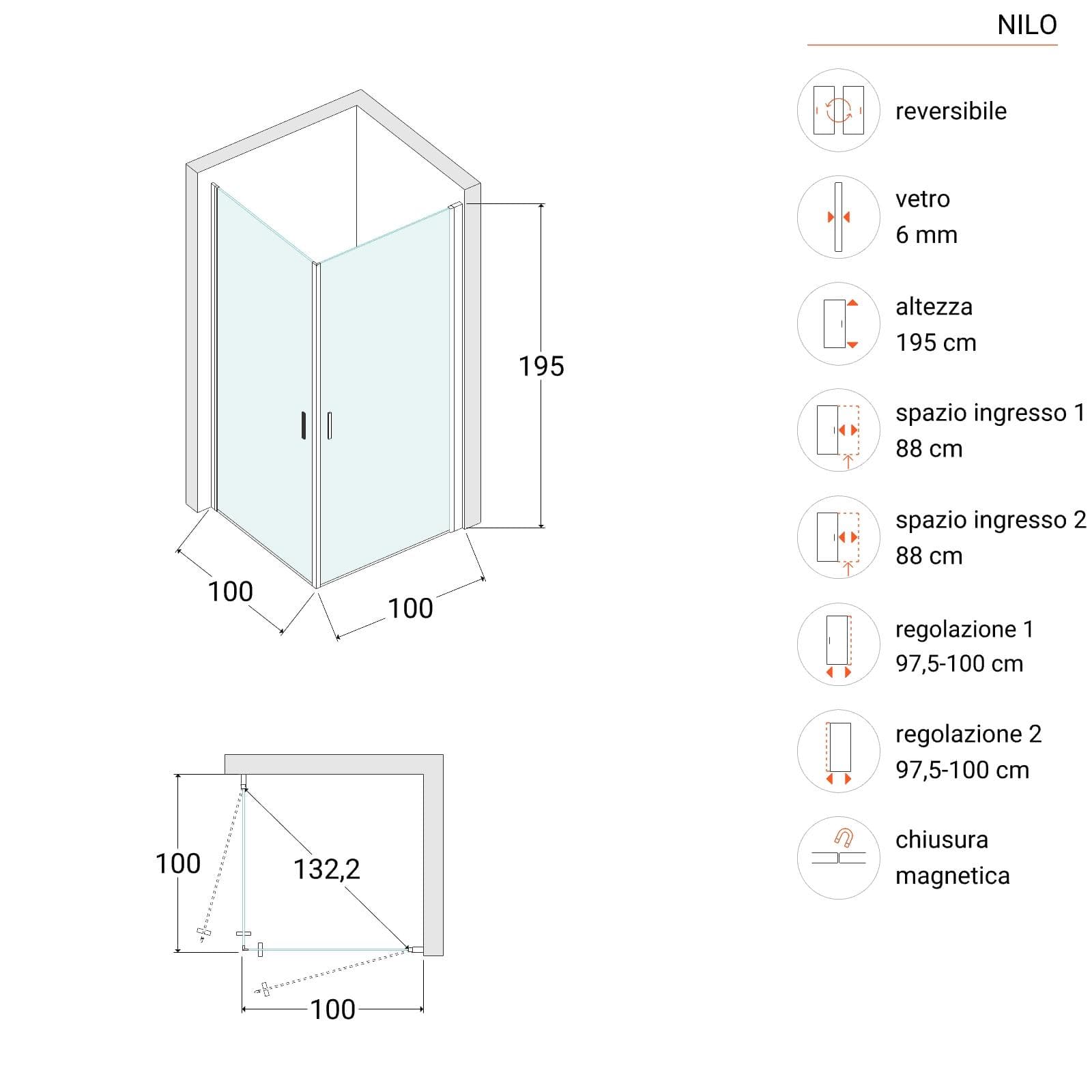 Box doccia 100x100 cm doppio battente con vetro temperato trasparente e profilo nero opaco 195h - Nilo
