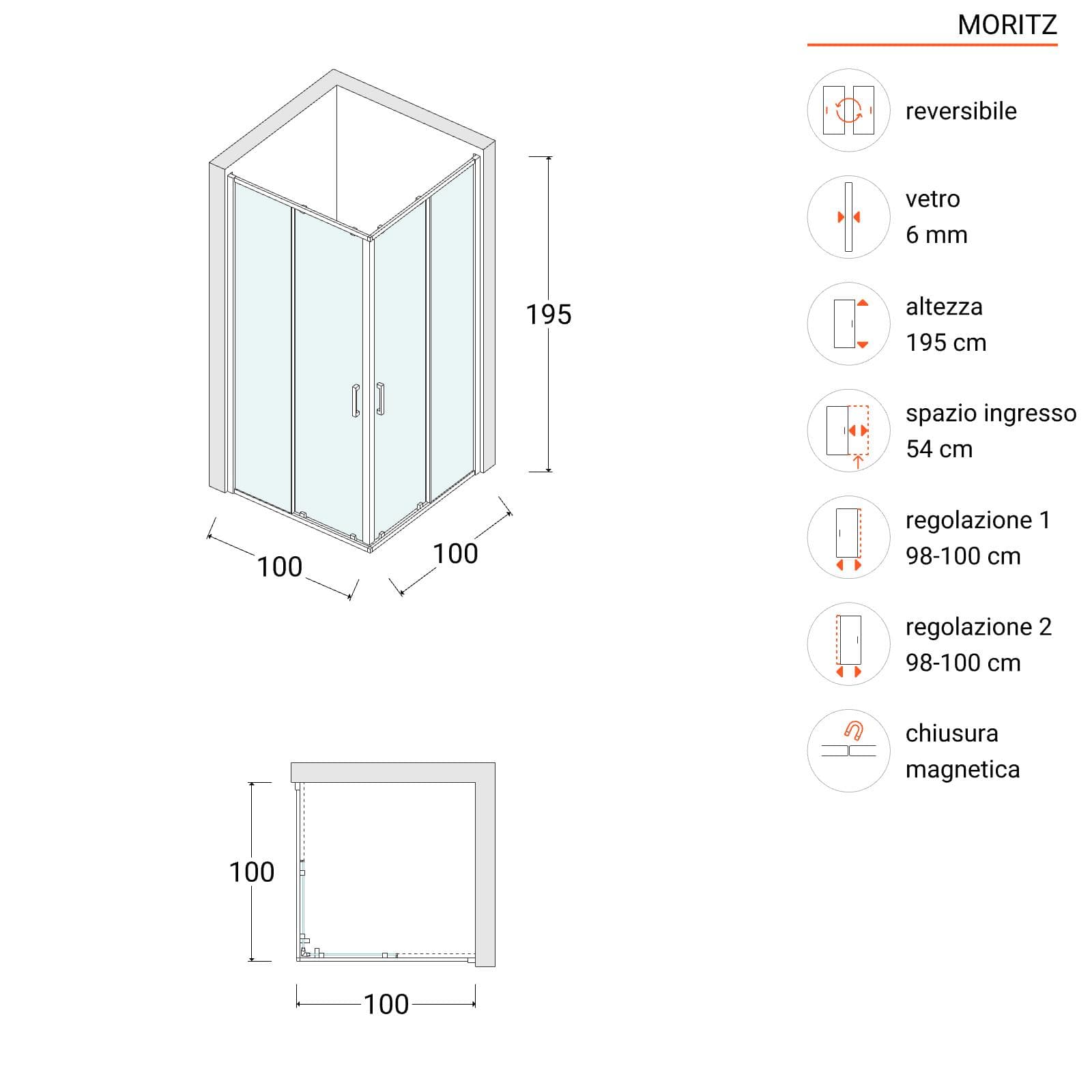 Box doccia 100x100 cm angolare scorrevole vetro opaco profilo cromo 195h - Moritz