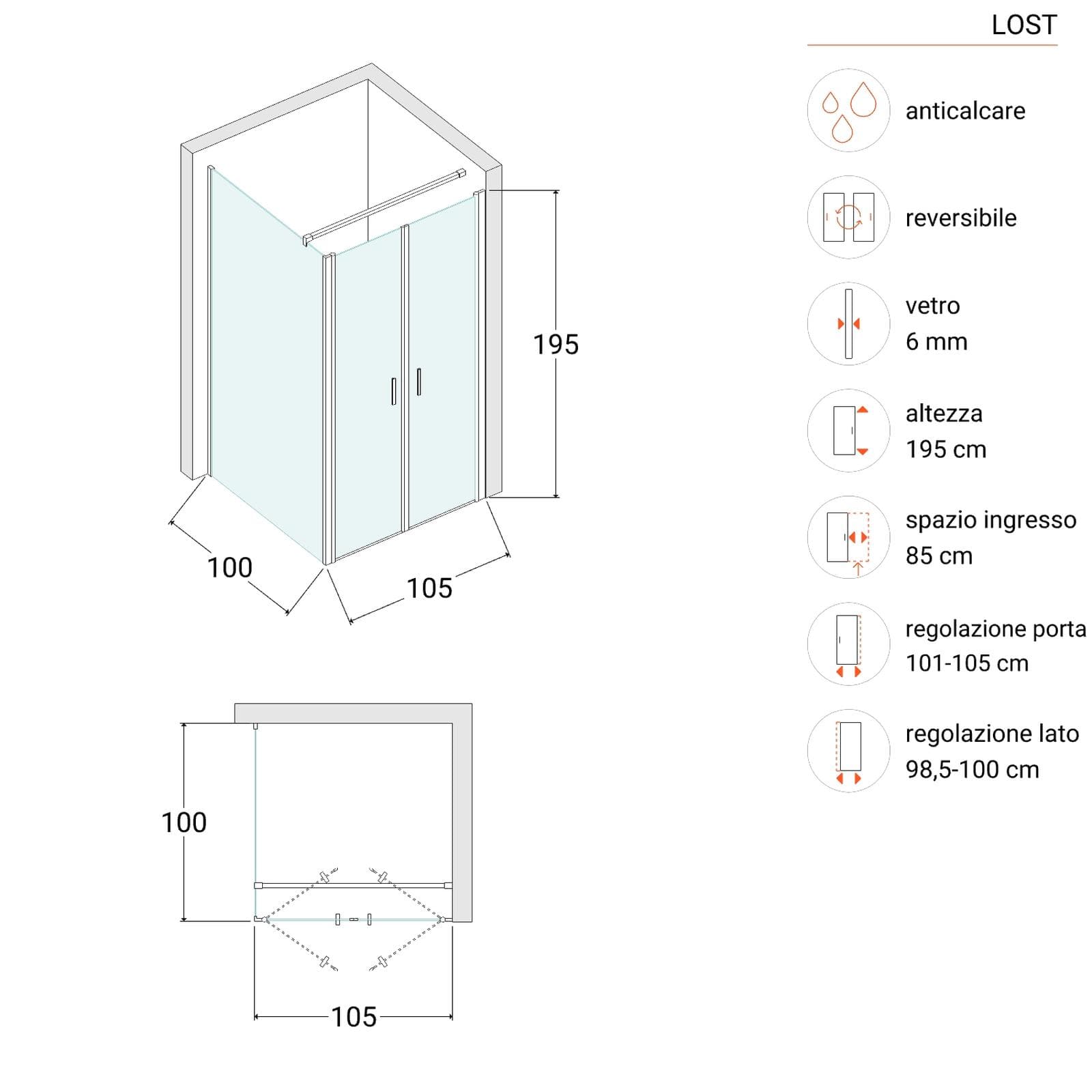 Box doccia 100x105 apertura saloon con vetro anticalcare opaco e profilo cromo 195h - Lost