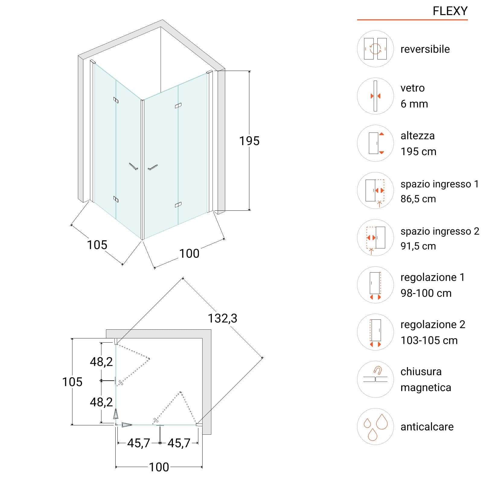 Box doccia 100x105 cm doppio soffietto vetro anticalcare trasparente e profilo nero opaco 195h - Flexy