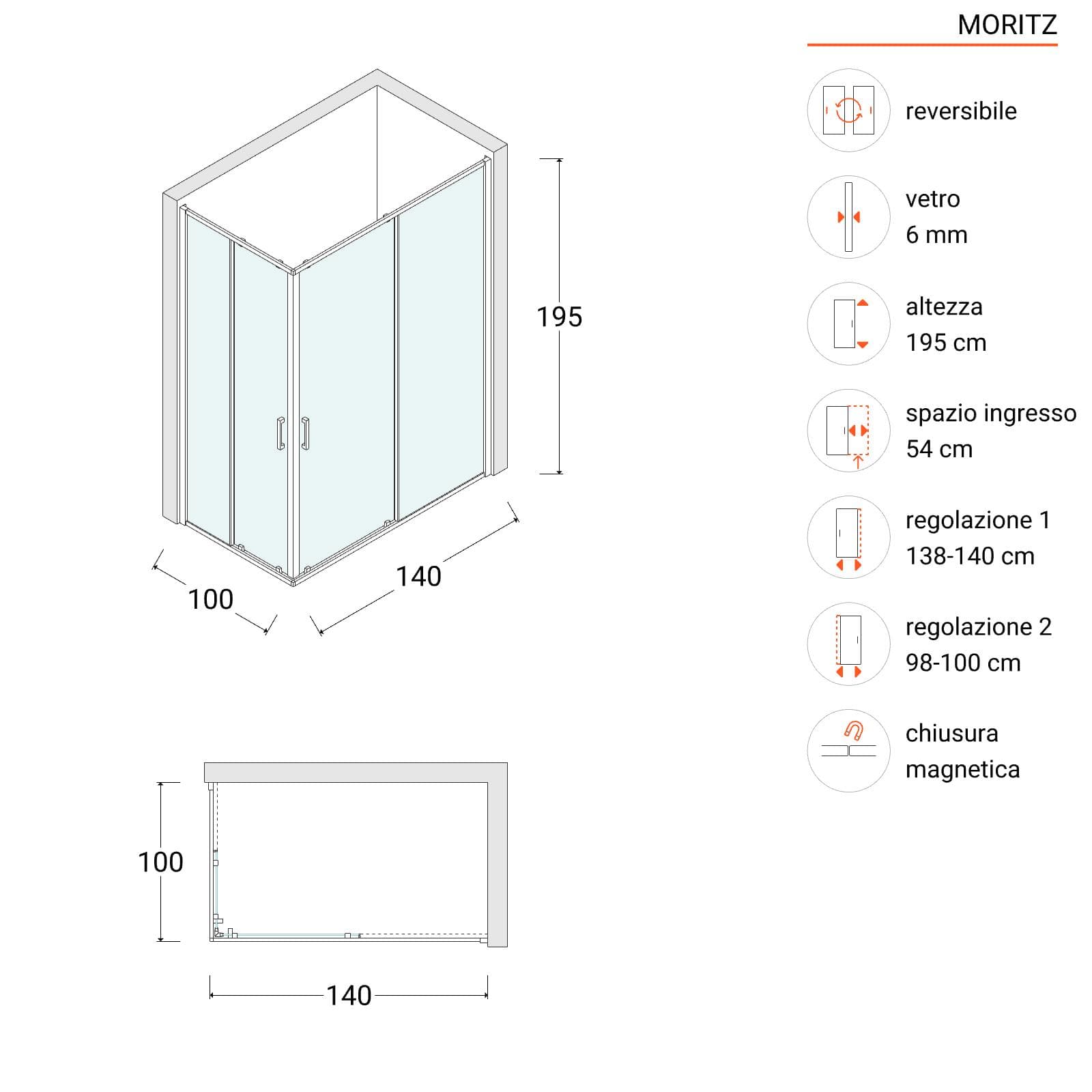 Box doccia 100x140 cm angolare scorrevole vetro opaco profilo cromo 195h - Moritz