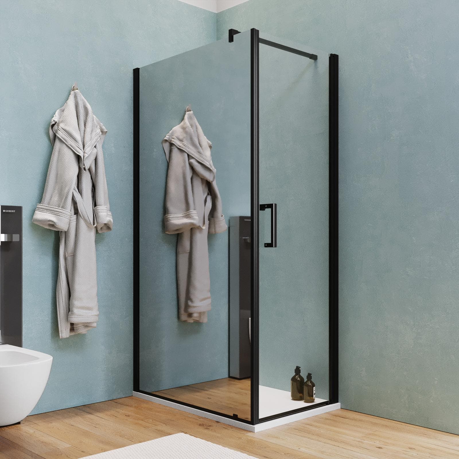 Box doccia 100X70 cm lato fisso specchiato con battente e profilo nero 200h - Artego Duo