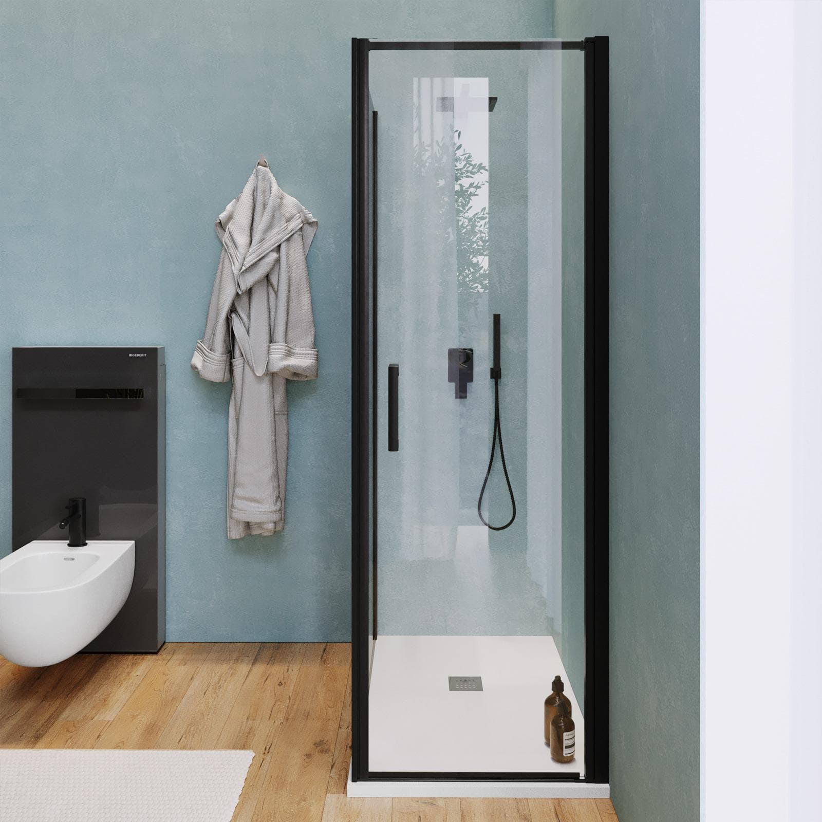 Box doccia 100X70 cm lato fisso specchiato con battente e profilo nero 200h - Artego Duo