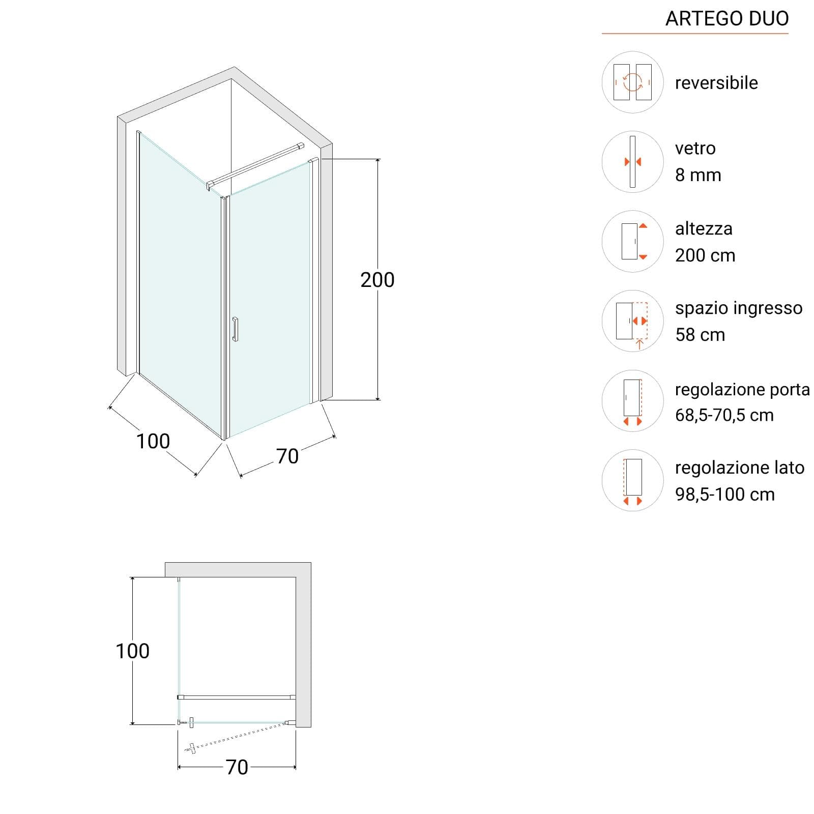 Box doccia 100X70 cm lato fisso specchiato con battente e profilo nero 200h - Artego Duo