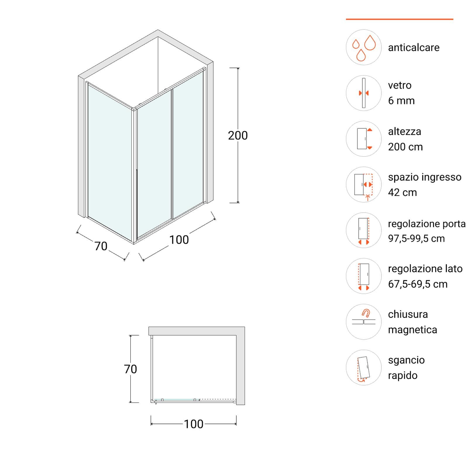 Box doccia 100x70 cm scorrevole dx vetro anticalcare trasparente profilo nero 200h - Helena