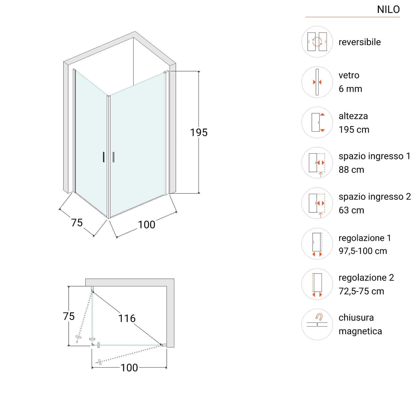 Box doccia 100X75 cm doppio battente con vetro temperato fumé e profilo nero opaco 195h - Nilo