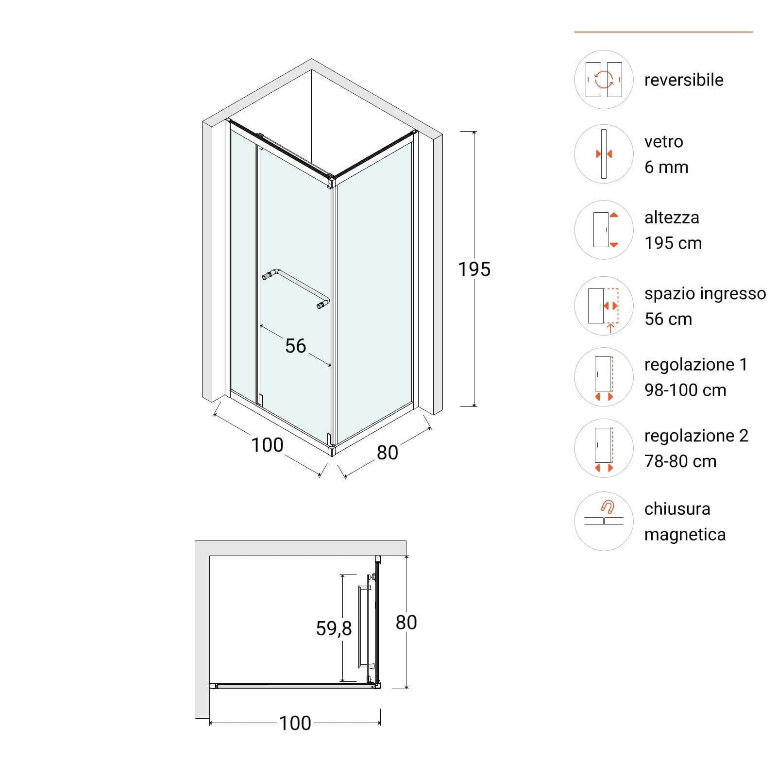 Box doccia 100x80 cm rototraslante con vetro temperato trasparente e profilo nero 195h - Nook