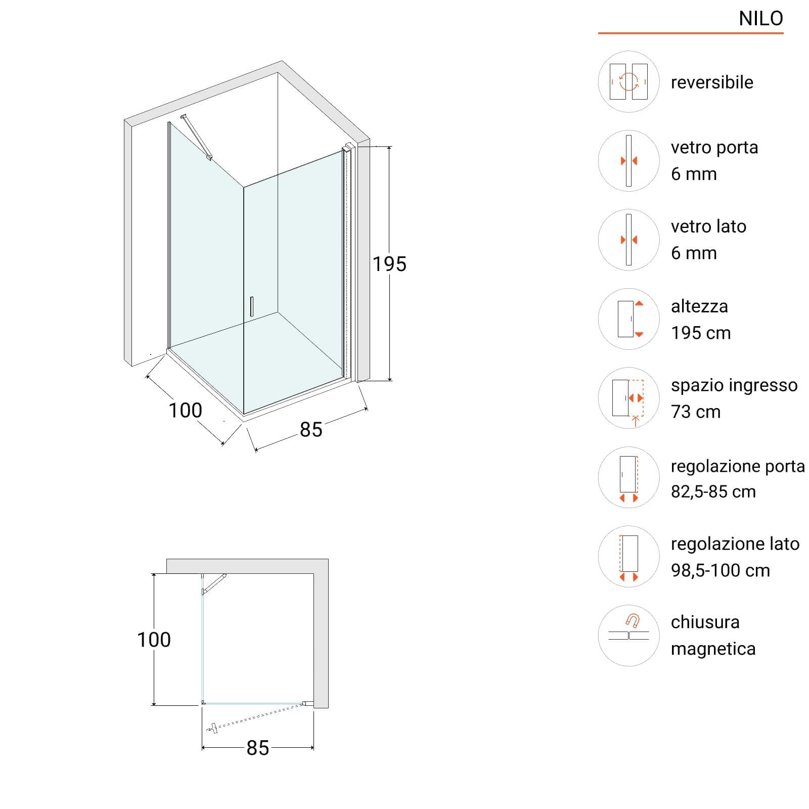 Box doccia 100X85 cm battente 85 cm con vetro temperato trasparente e profilo cromo 195h - Nilo