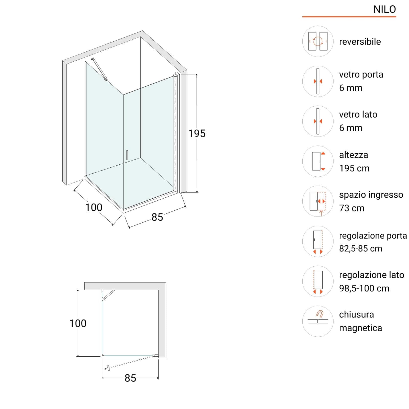Box doccia 100X85 cm battente con vetro temperato bronzato e profilo nero opaco 195h - Nilo