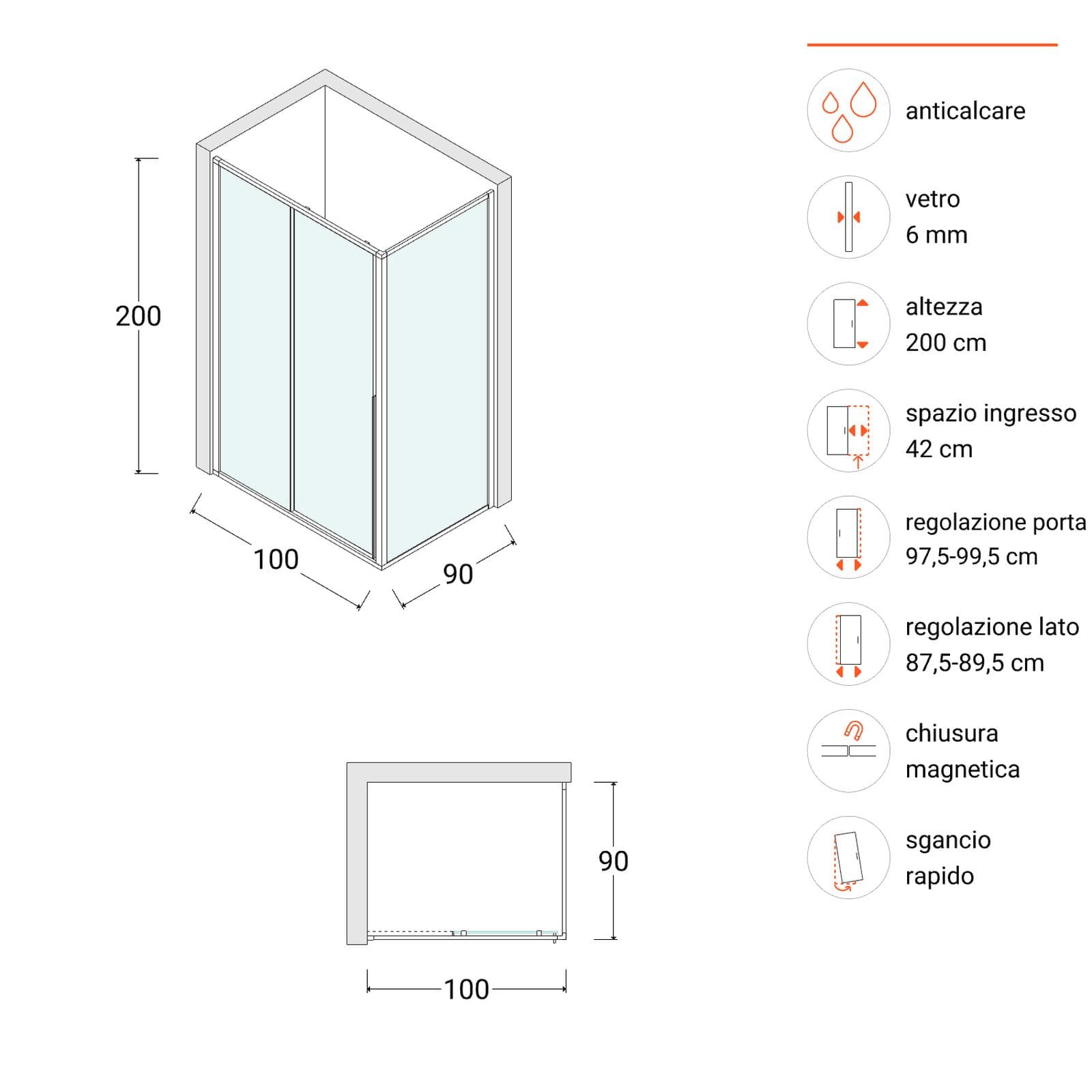 Box doccia 100x90 cm scorrevole sx vetro anticalcare trasparente profilo cromo 200h - Helena