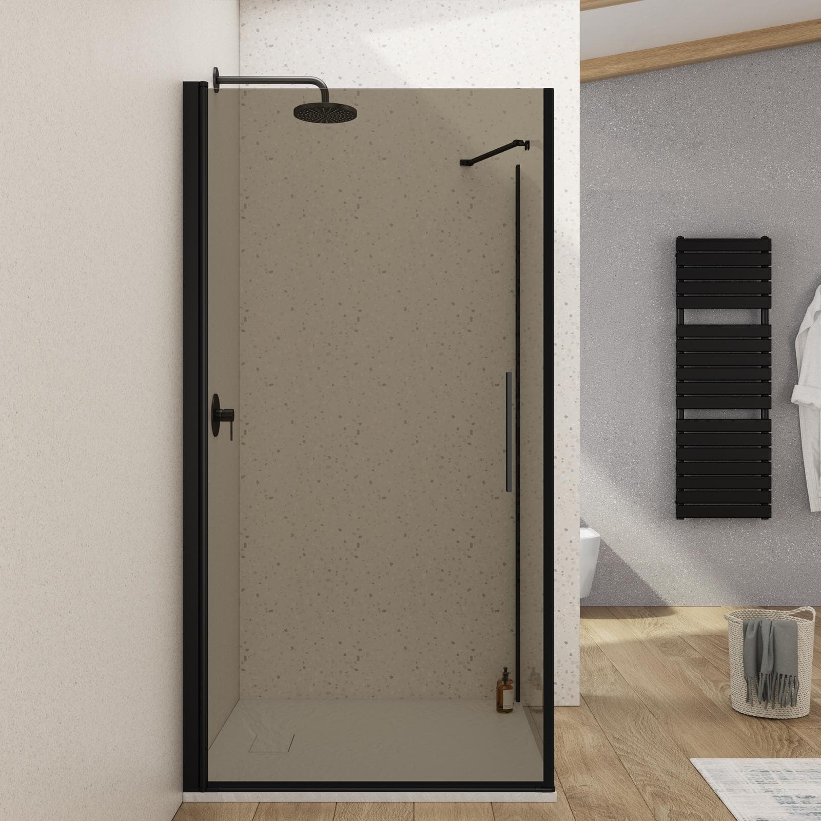 Box doccia 100X95 cm battente con vetro temperato bronzato e profilo nero opaco 195h - Nilo