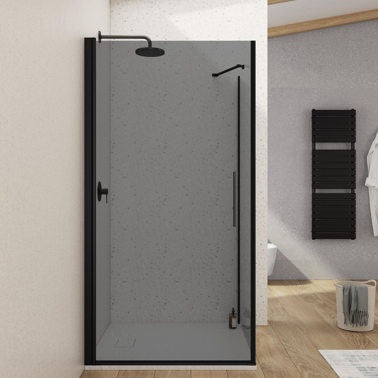 Box doccia 100X95 cm battente con vetro temperato fumé e profilo nero opaco 195h - Nilo