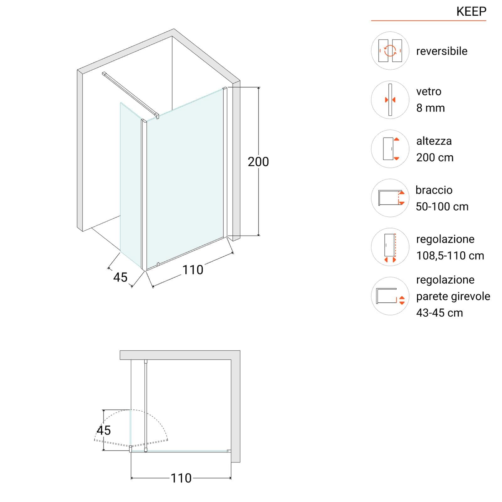 Box doccia walk-in 110 cm con anta girevole 45 cm vetro anticalcare trasparente e profilo cromo 200h - Keep