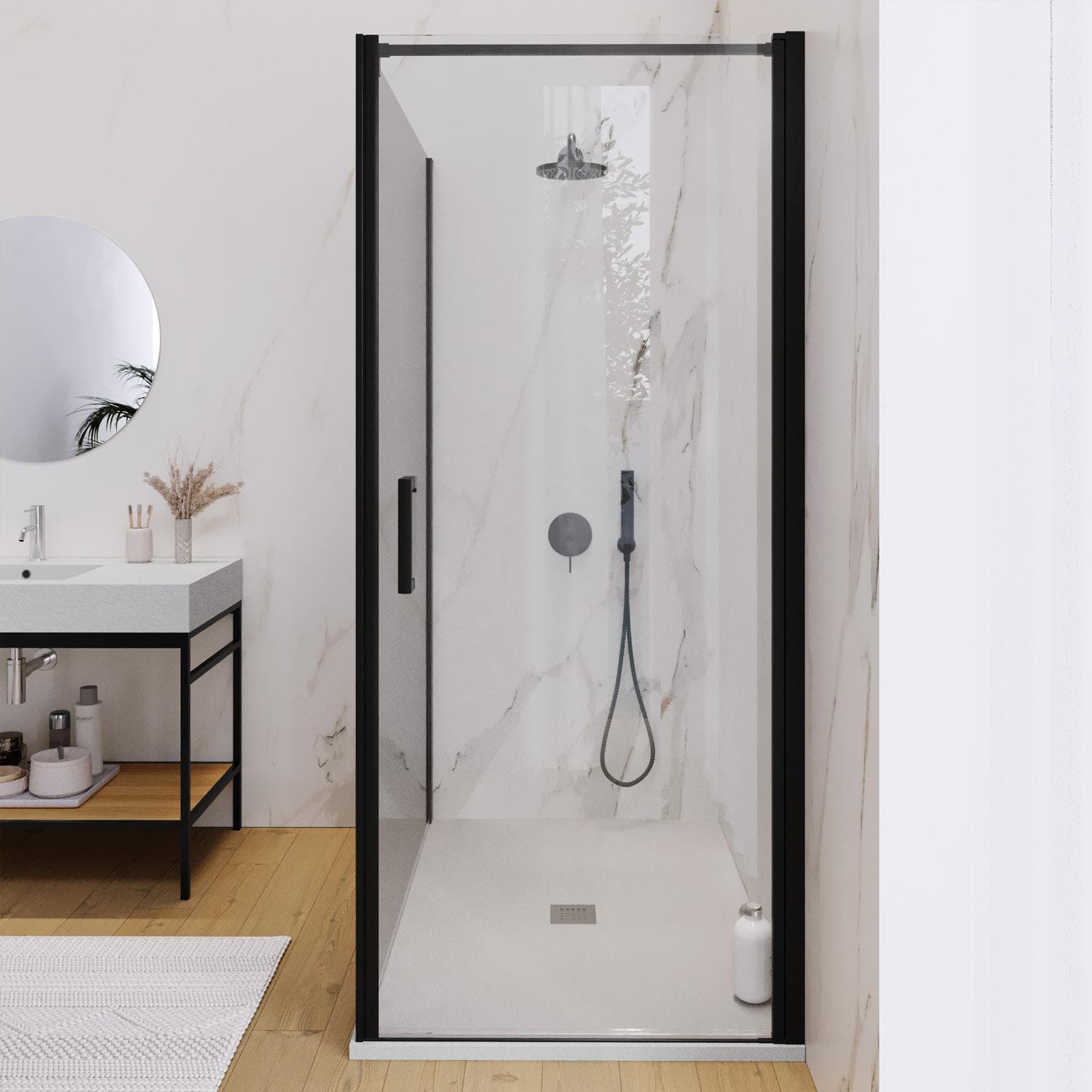 Box doccia 120X100 cm lato fisso specchiato con battente e profilo nero 200h - Artego Duo
