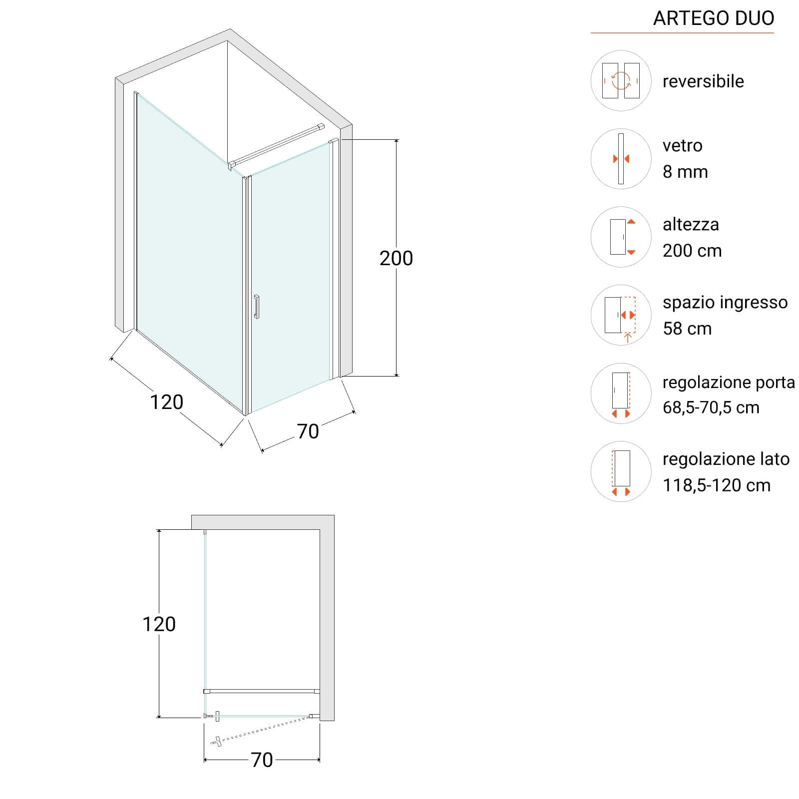 Box doccia 120X70 cm lato fisso specchiato con battente e profilo nero 200h - Artego Duo