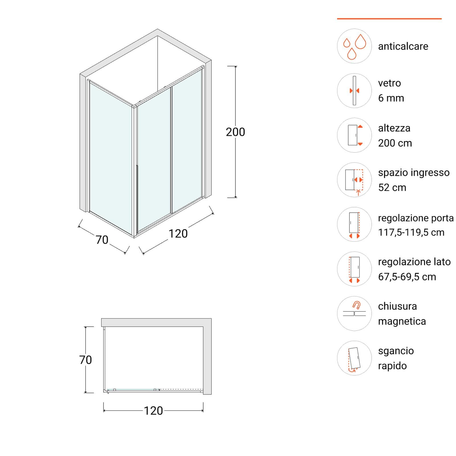 Box doccia 120x70 cm scorrevole dx vetro anticalcare trasparente profilo nero 200h - Helena