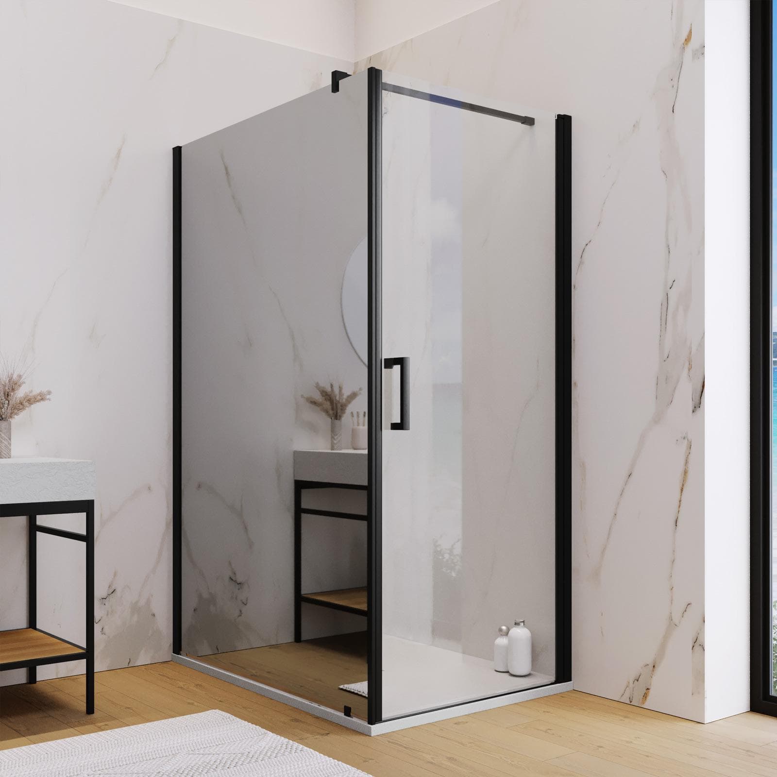 Box doccia 120X90 cm lato fisso specchiato con battente e profilo nero 200h - Artego Duo