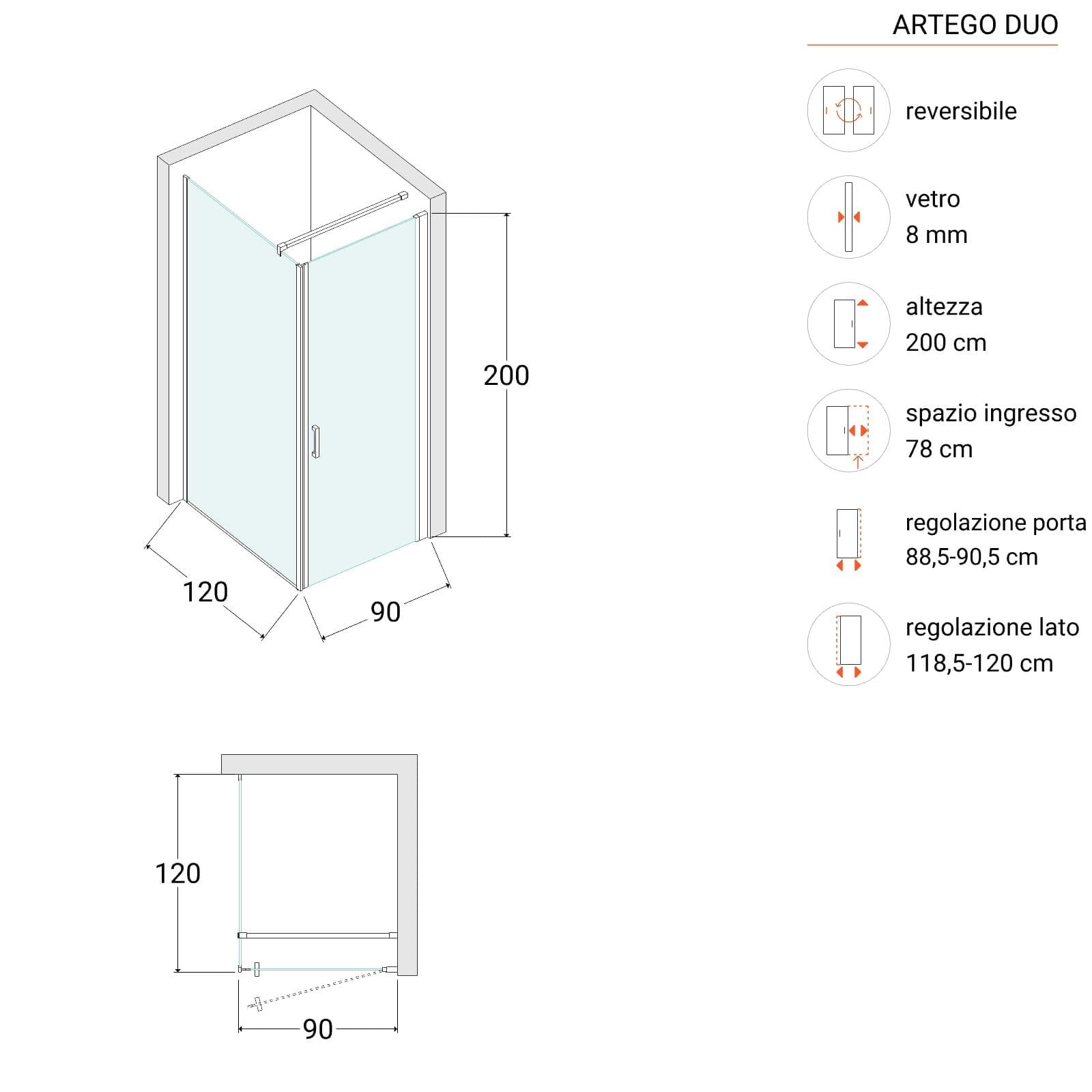 Box doccia 120X90 cm lato fisso specchiato con battente e profilo nero 200h - Artego Duo