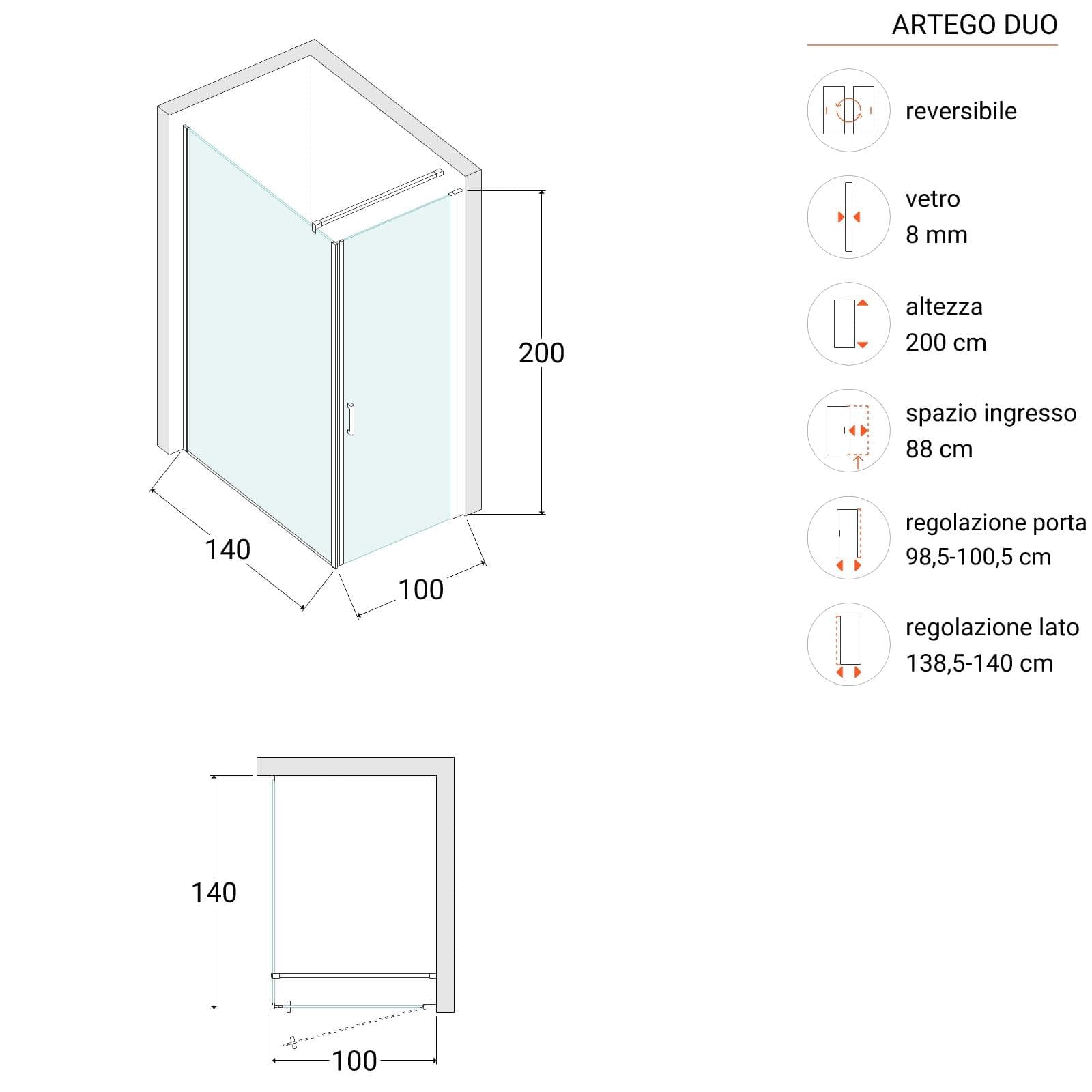 Box doccia 140X100 cm lato fisso specchiato con battente e profilo cromo 200h - Artego Duo