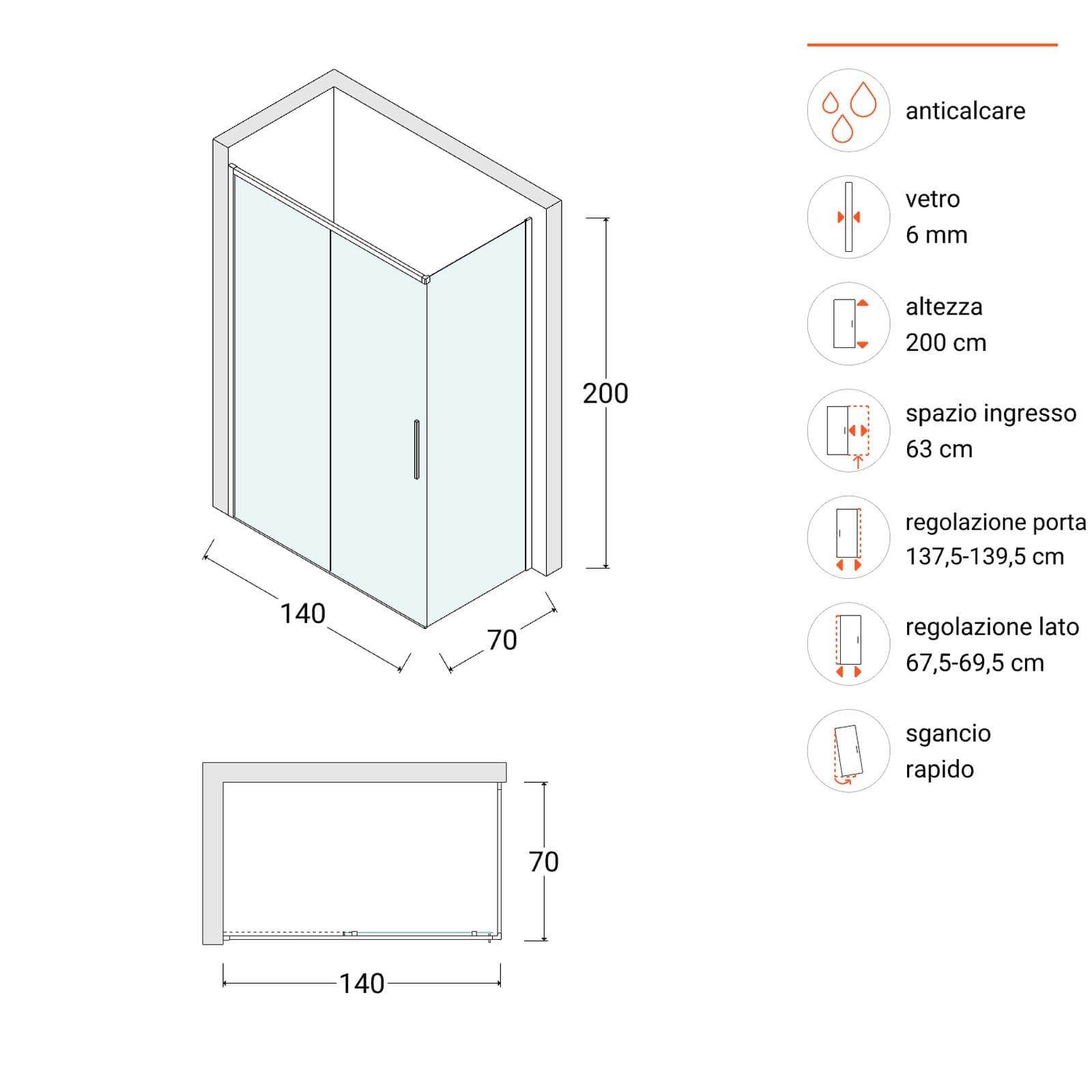 Box doccia 140X70 cm scorrevole sx con vetro anticalcare trasparente e profilo cromo 200h - Kiri