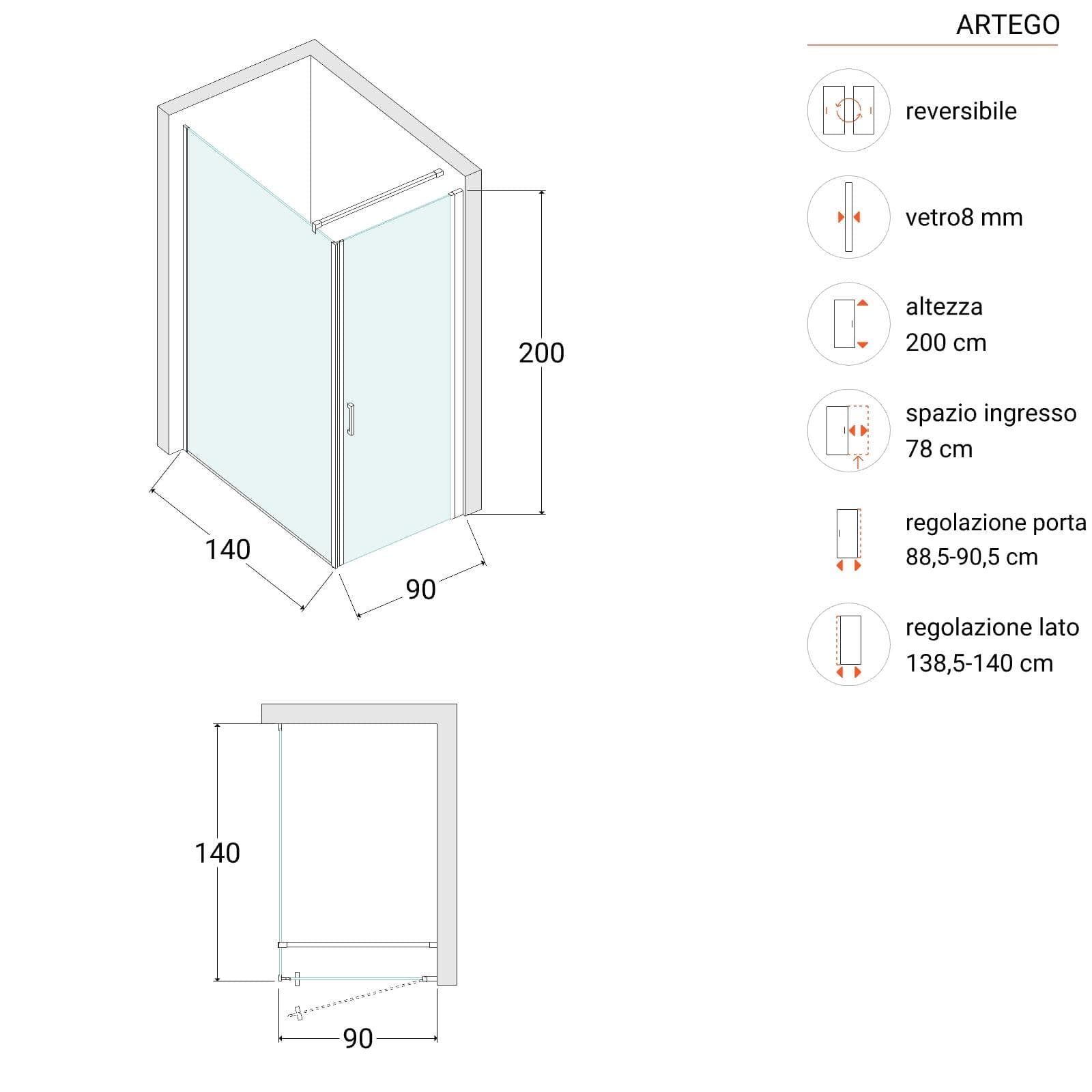 Box doccia 140X90 cm battente con vetro anticalcare trasparente e profilo cromo 200h - Artego