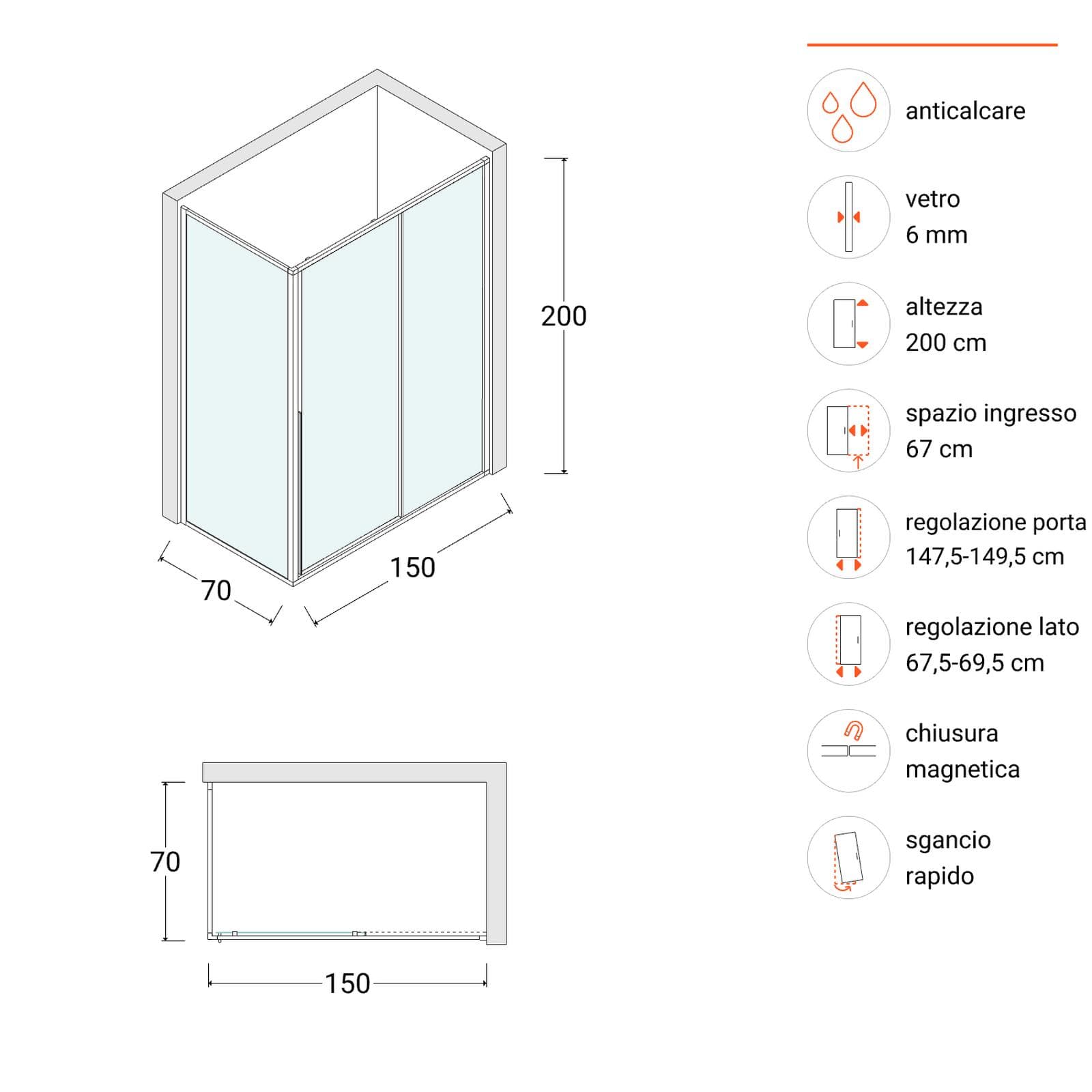 Box doccia 150x70 cm scorrevole dx vetro anticalcare trasparente profilo nero 200h - Helena