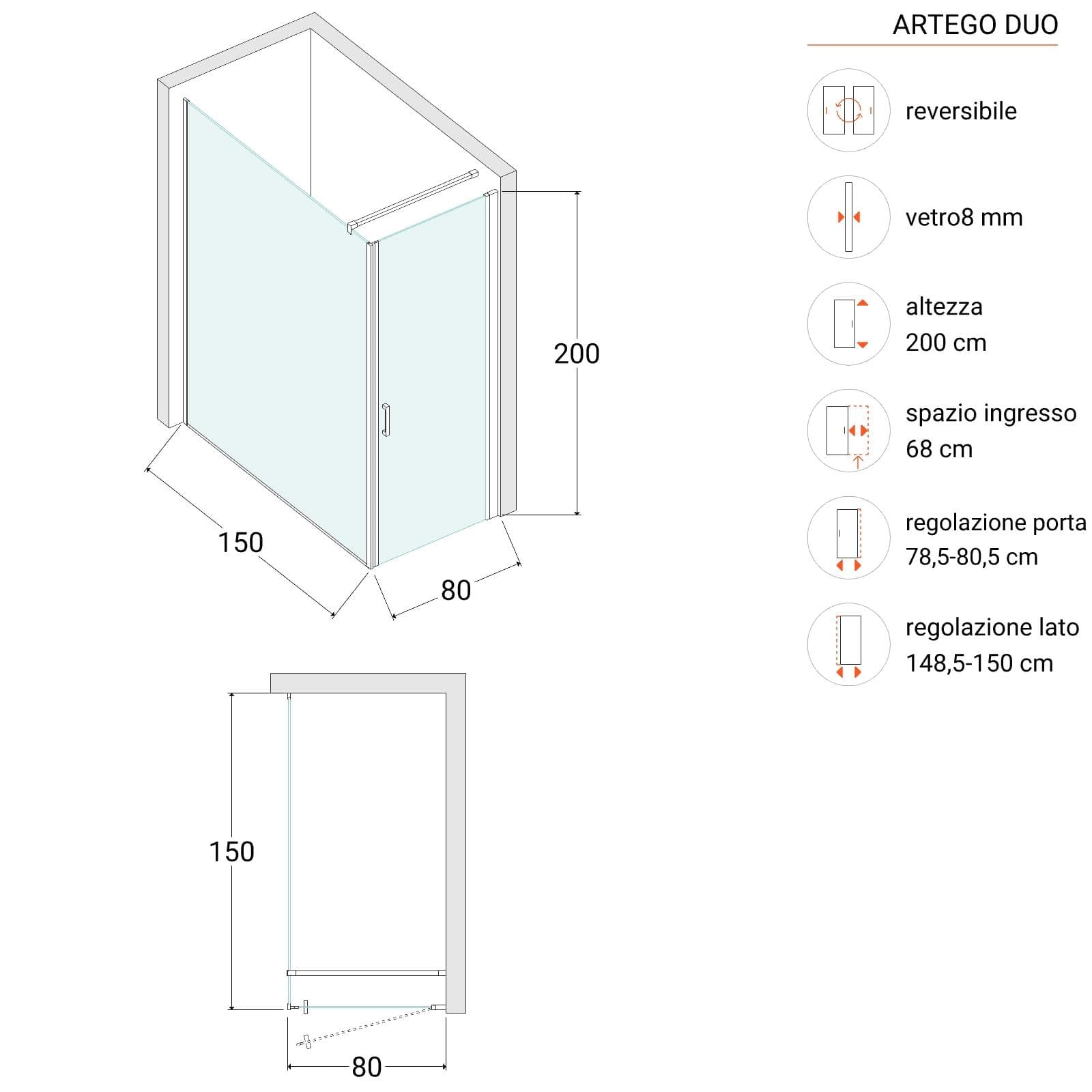 Box doccia 150X80 cm lato fisso specchiato con battente e profilo cromo 200h - Artego Duo