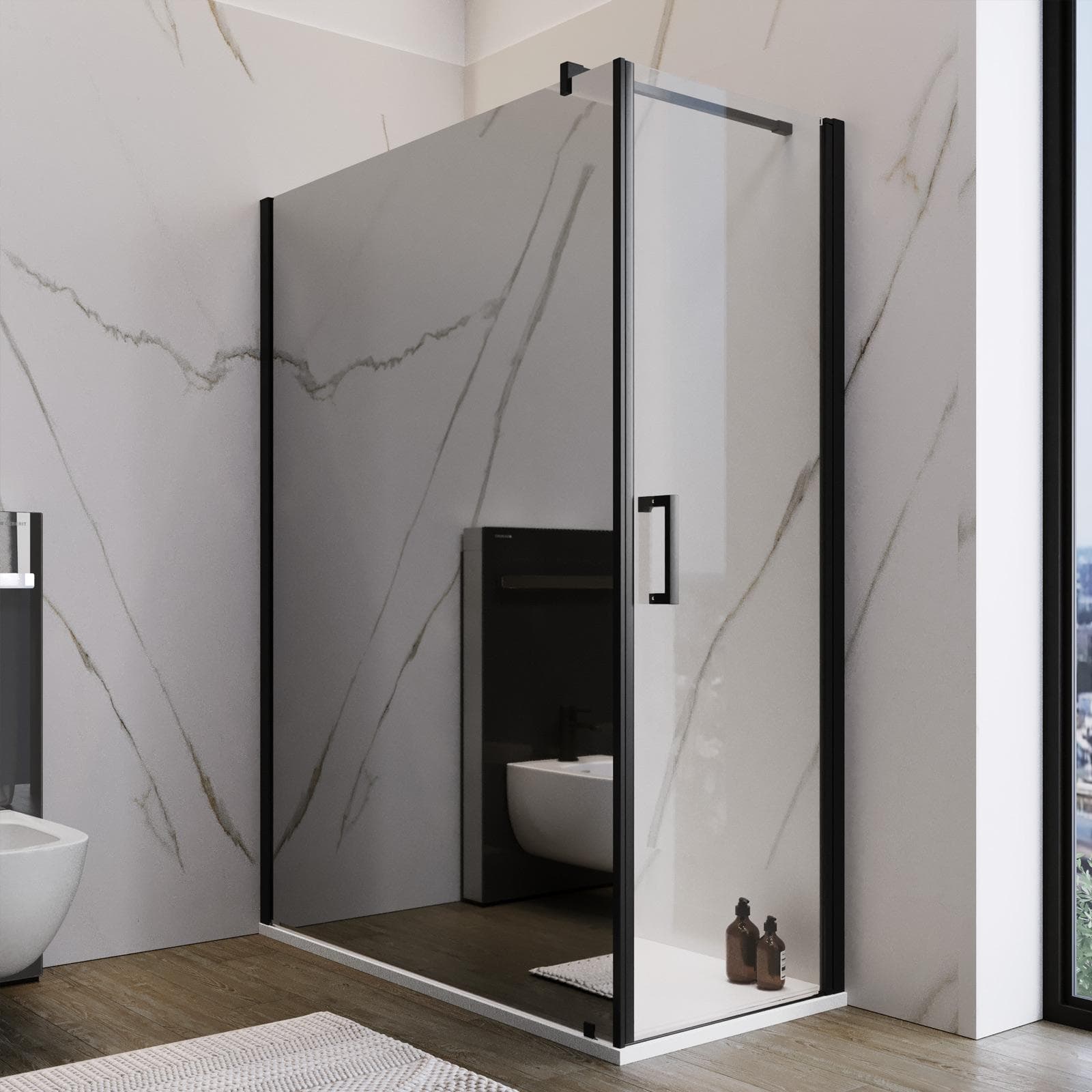 Box doccia 150X80 cm lato fisso specchiato con battente e profilo nero 200h - Artego Duo