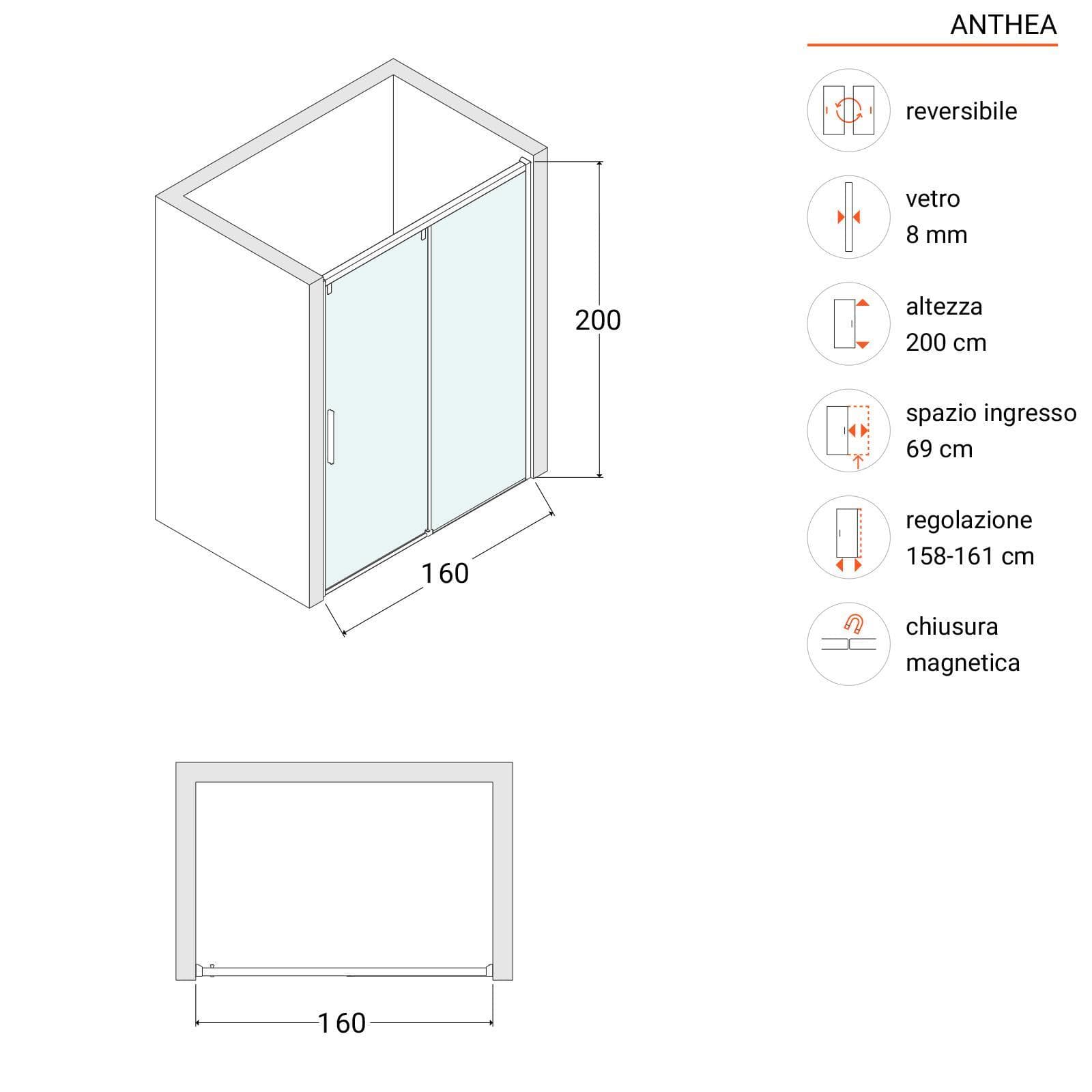 Nicchia 160 cm scorrevole SoftClose 8mm anticalcare 200h - Anthea