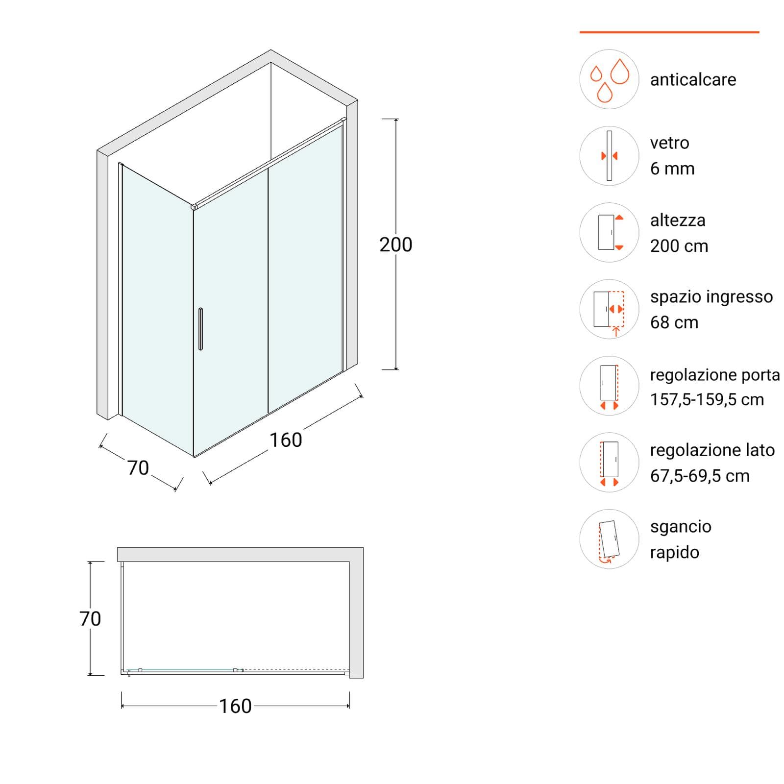 Box doccia 160X70 cm scorrevole dx con vetro anticalcare trasparente e profilo cromo 200h - Kiri