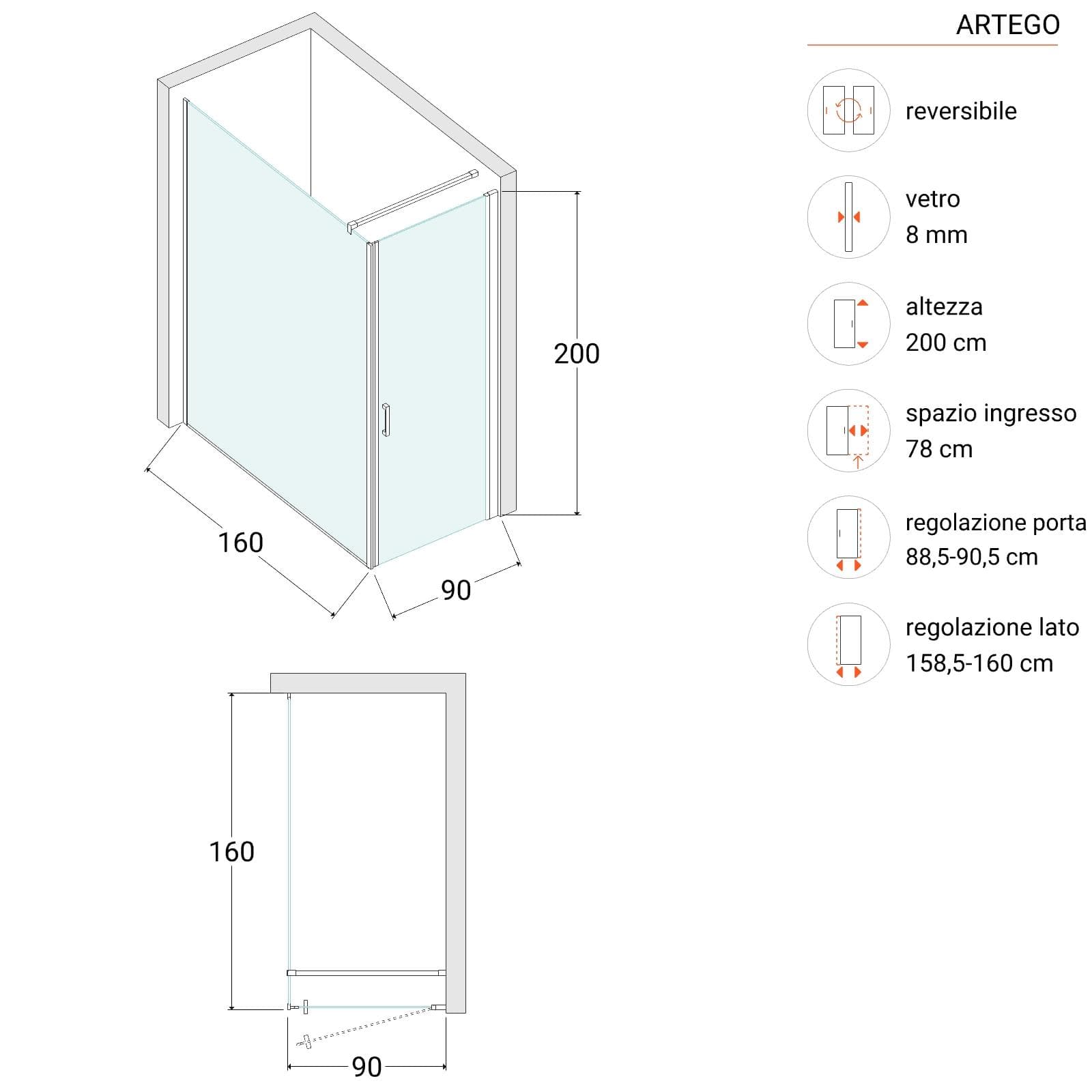 Box doccia 160X90 cm battente con vetro anticalcare trasparente e profilo cromo 200h - Artego