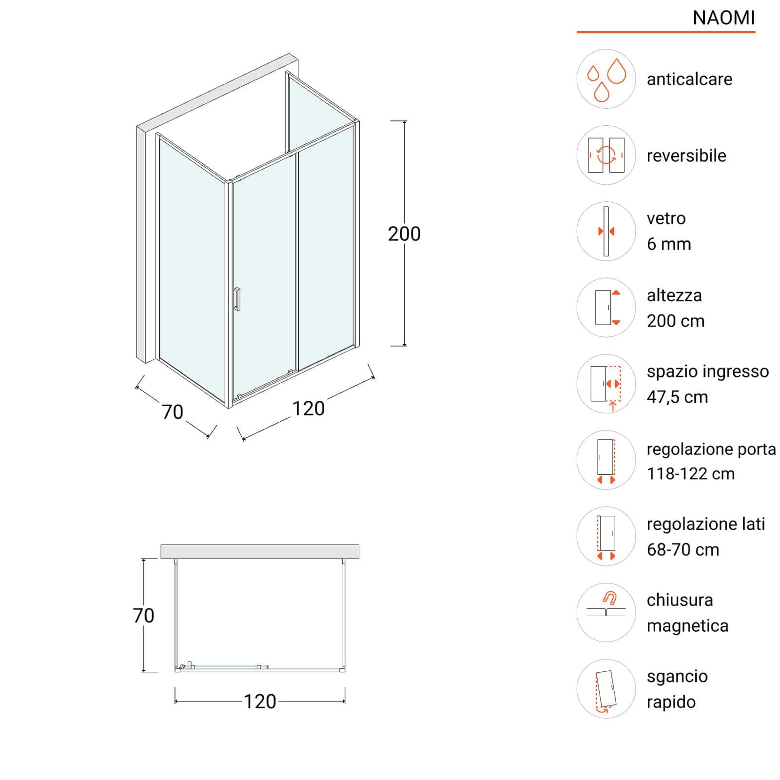 Box doccia 3 lati 70x120x70 cm scorrevole anticalcare profilo nero - Naomi